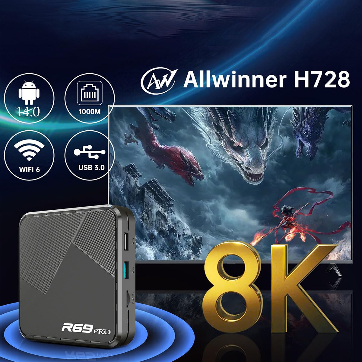 R69PRO 8K Streaming Media Player 64GB WiFi 6 USB 3.0 BT5.0 1000M Streaming Media Video/Audio/File HDMI Wireless Extender da laptop, PC, Smartphone a HDTV Proiettore Monitor