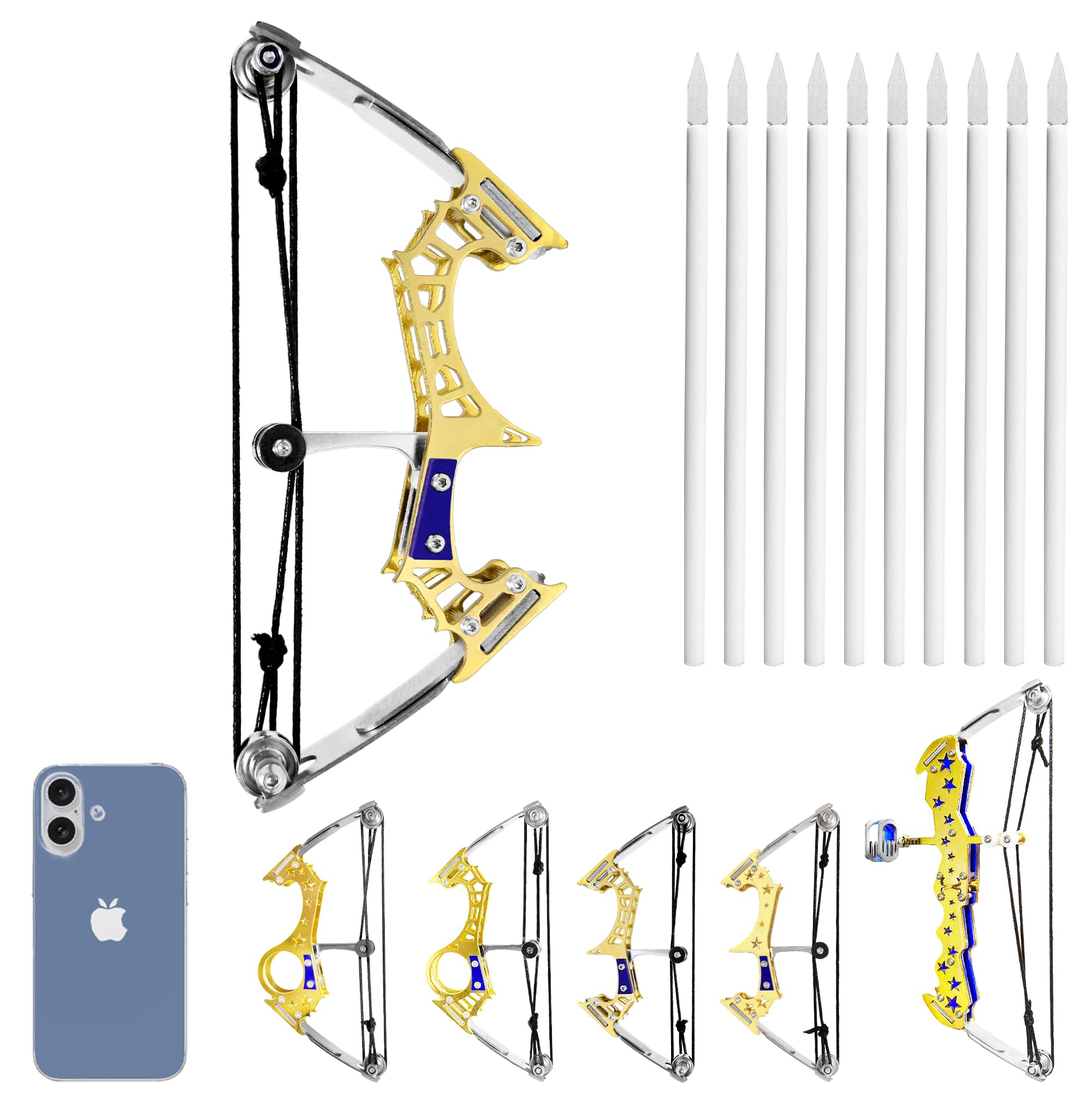 TIETHEKNOT 5.7”/5.8”/7.2” Archery Compound Bow and Arrow Set RH/LH for Hobby Practice Entertainment Display Outdoor Fun – Golden Edition (5.8” – Blue Gold Hollow Bow)