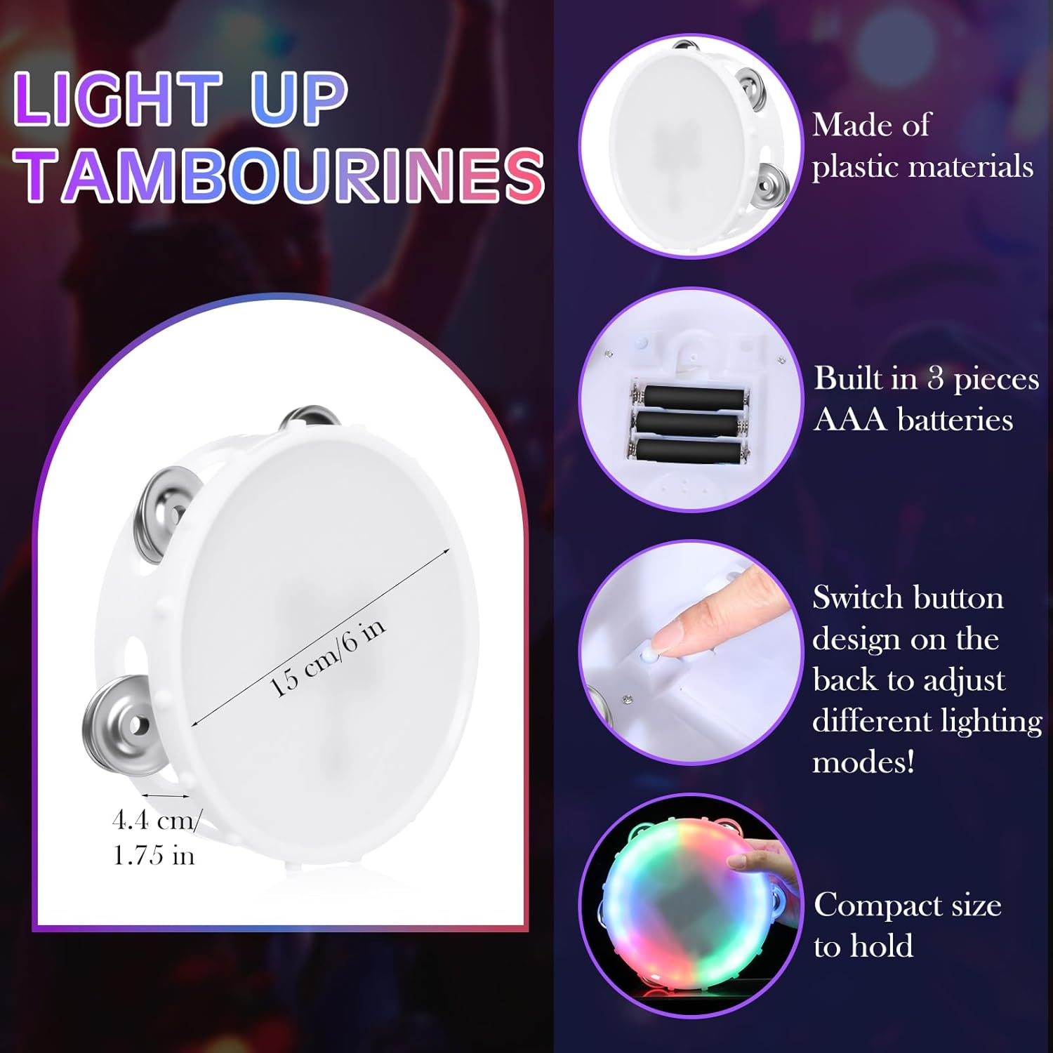 10 Pack Tambourines for Adults - Light up Tambourines LED Multicolored Glow in The Dark Musical Party Favors for Adult Weddings Concerts, White Plastic