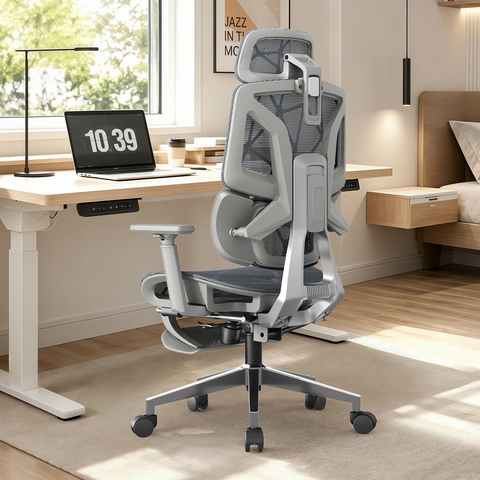 HDHNBA Ergonomic Office Chair with 3-Zone Lumbar Support & Footrest, Desk Chair with 3D Armrests & Adjustable Headrest, Reclining Mesh Computer Chair for Home Office, Study & Gaming, Gray
