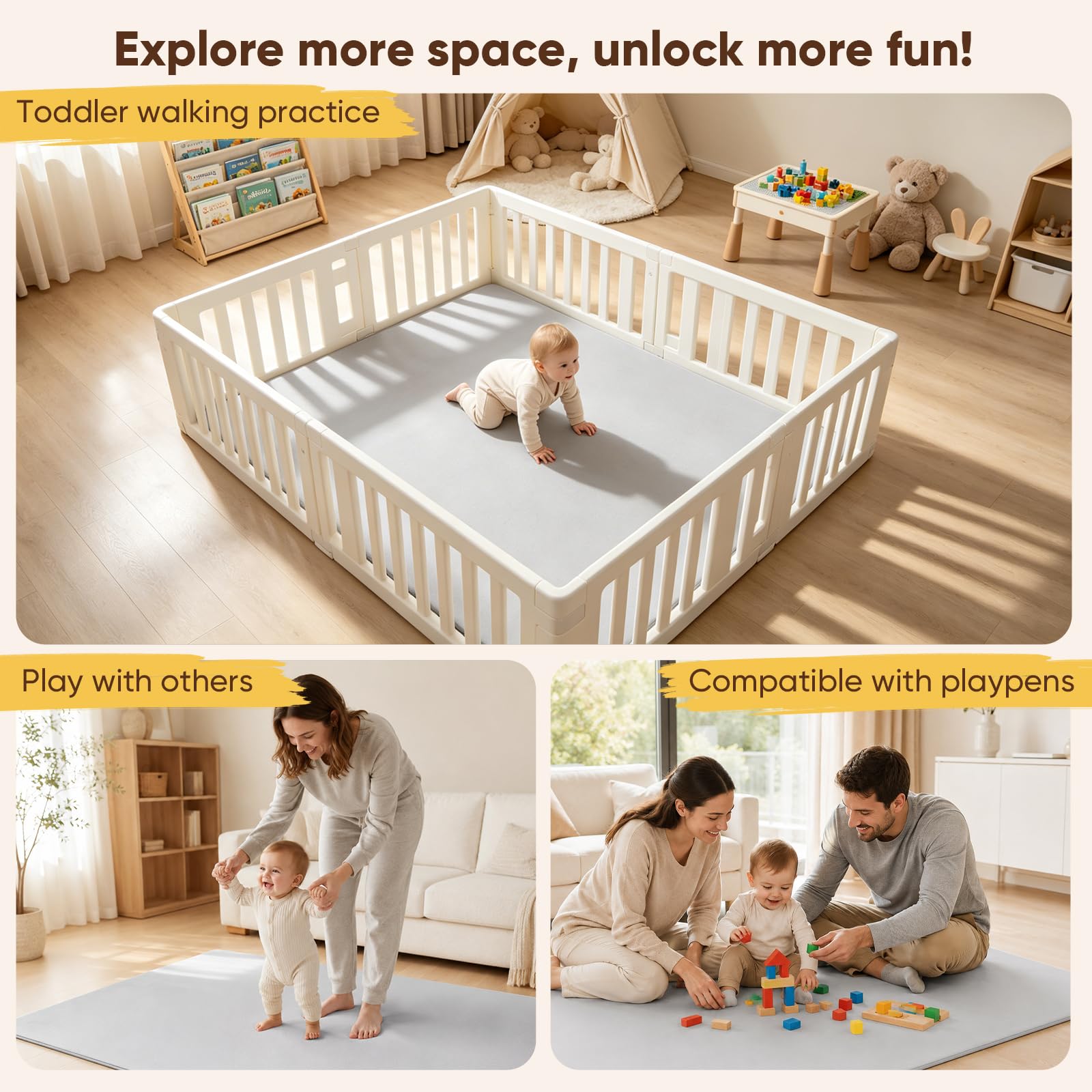 Tapis pour Enfants 127x127x3cm, Épais, Imperméable, Antidérapant, Pliable, Gris
