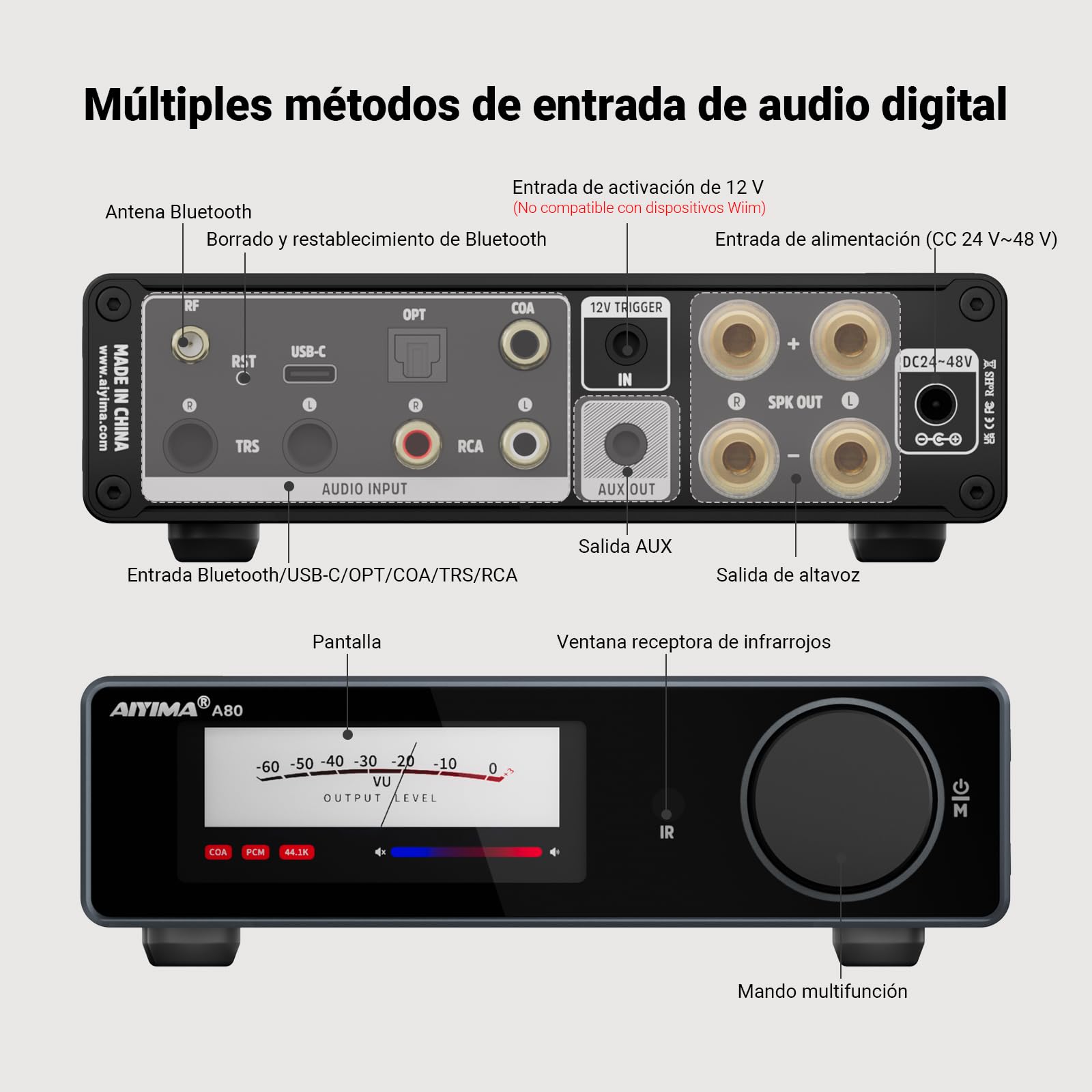 AIYIMA A80 Amplificador de potencia DAC con PFFB TPA3255D2 Estéreo HiFi 2.0 Canal Clase D Amplificador Bluetooth 300Wx2 ESS9038Q2M Decodificador con PC-USB Coaxial Óptico TRS Entrada RCA