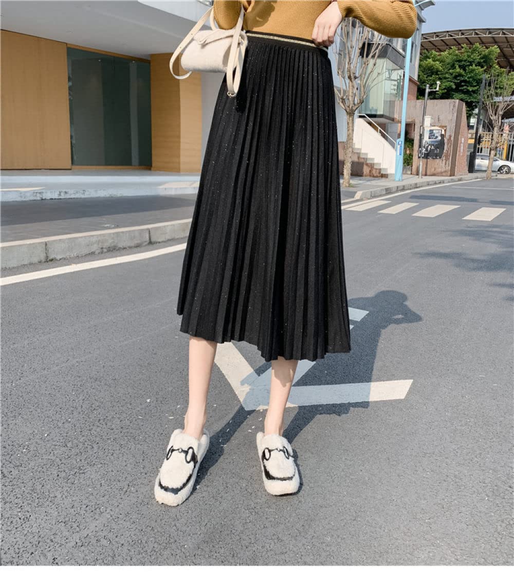 Faldas para Mujer Reino Unido,Falda De Invierno Negra Faldas Plisadas Elegantes para Mujer Cintura Elástica Midi Shinny Falda De Talle Alto De Una Línea Falda C(S)