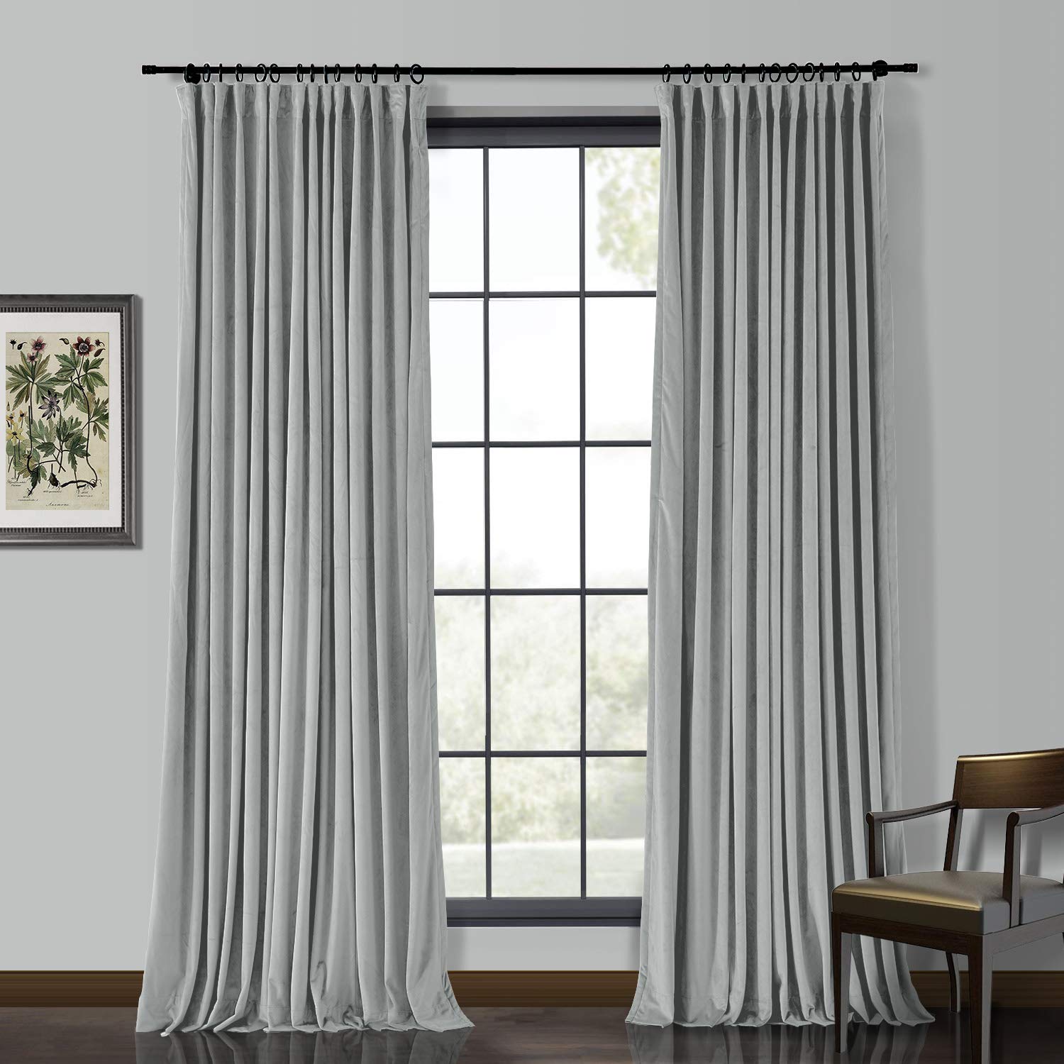 Luxury Thick Velvet Curtain 66" W x 90" L Room Darkening Pencil Pleat Drapery for Living Room Bedroom Elegant Grey Panel with Blackout Lining