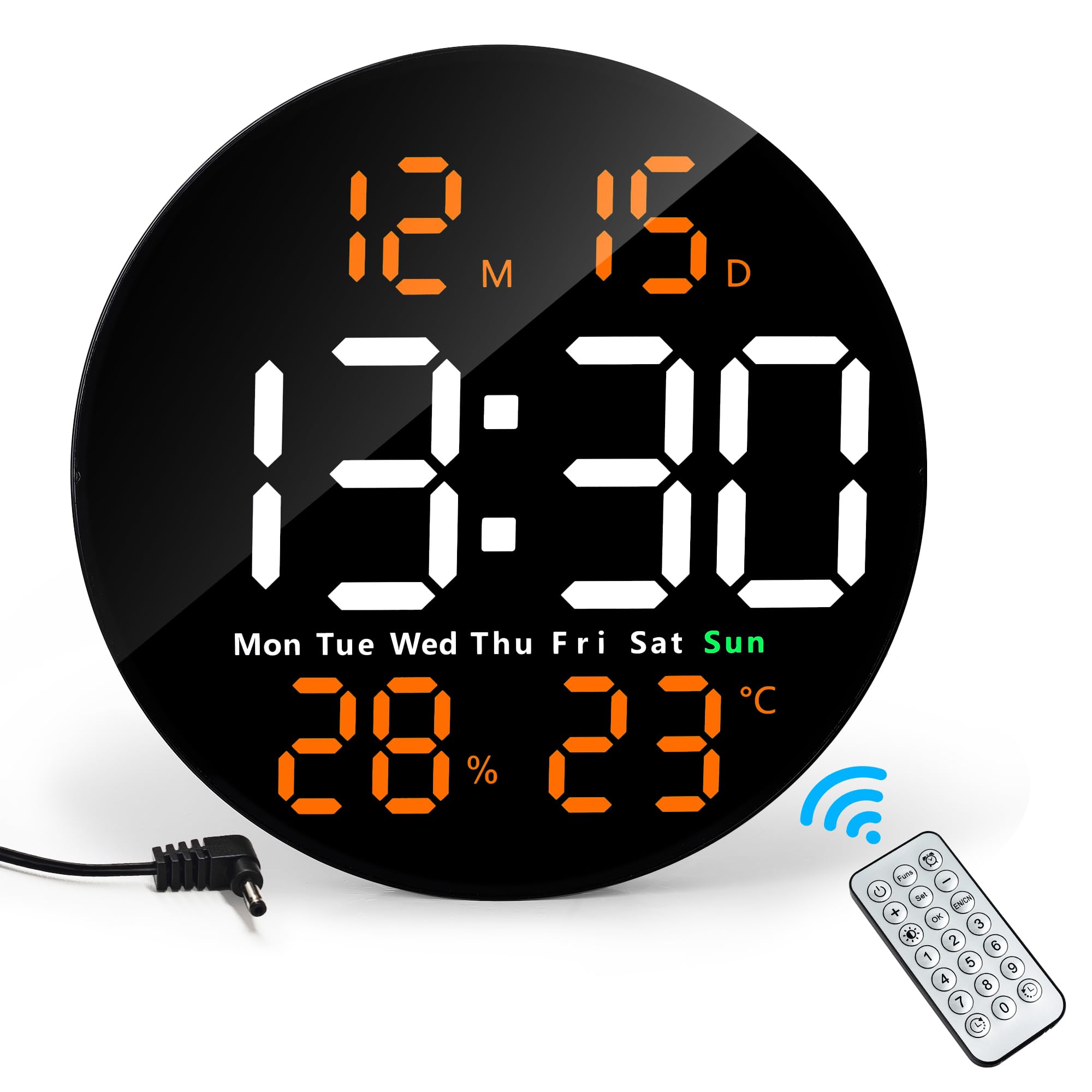 Lafocuse Reloj de Pared Digital con Grande Pantalla LED 25CM, Silencioso Relojes con Control Remoto, Temperatura, Fecha, 2 Alarmas, Cuenta Atrás, Brillo Ajustable para Salon Cocina Oficina, Naranja