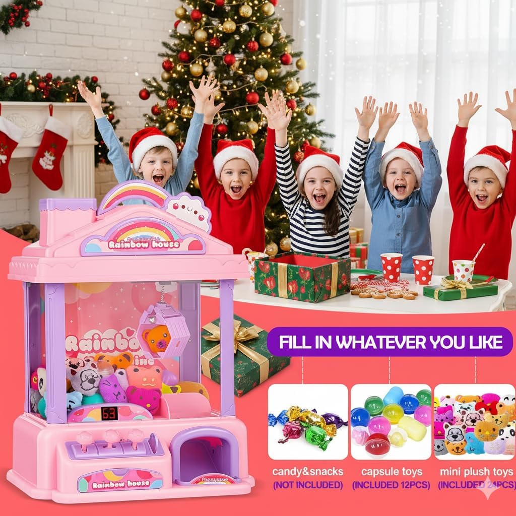 Mini Claw Machine for Kids + Rocket Launcher Model Kit, Pink Arcade Game & Outdoor STEM Rocket Toy Bundle for Kids Ages 8–12