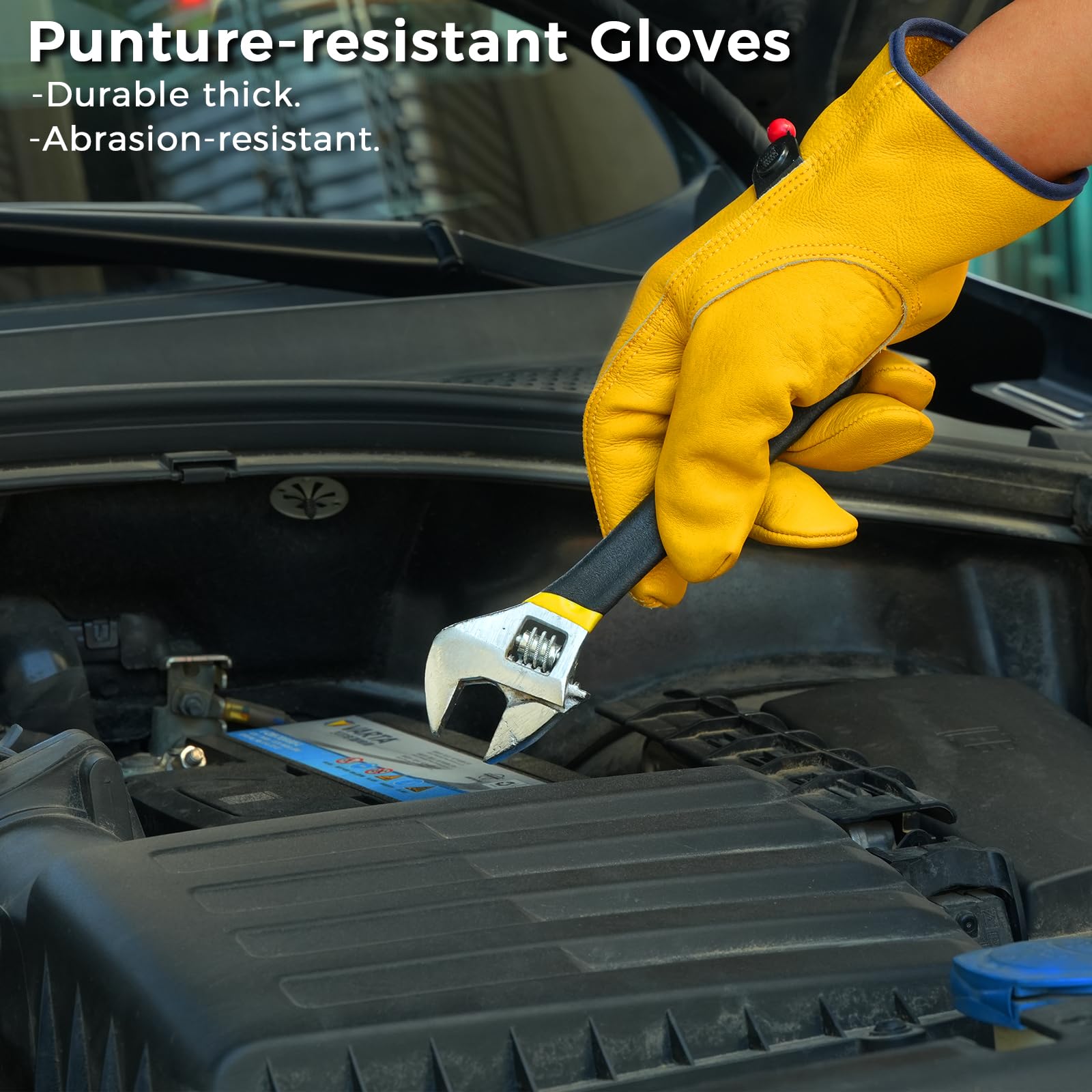 Guantes de trabajo de cuero para hombres y mujeres, guantes de jardinería reforzados y duraderos, guantes de trabajo de cuero vacuno (dorado, paquete de 2, extragrande)