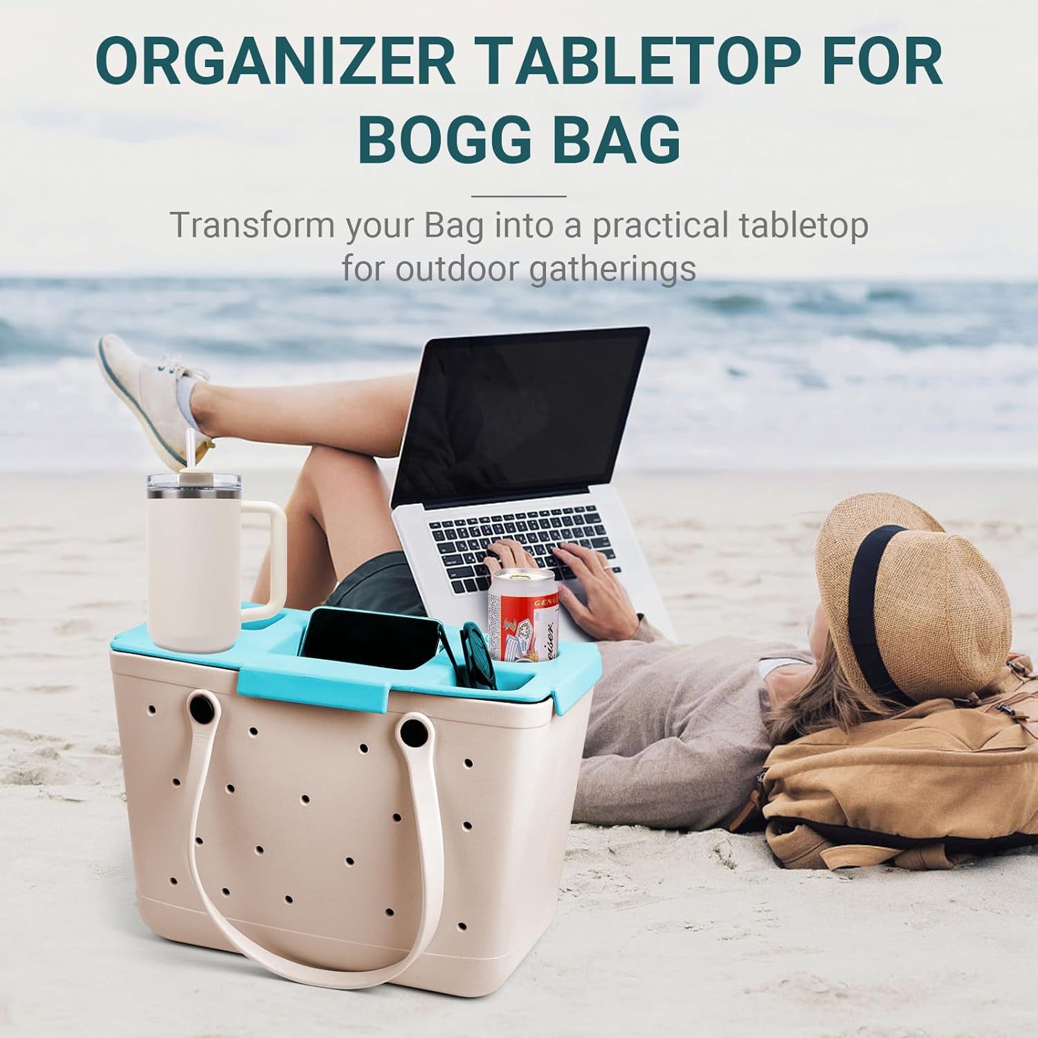 Organizer Tray Top for Bogg Bag – Cup Holder & Storage Lid Compatible with Bogg Bag XL - For Stanley 30oz 40 oz – Outdoor Beach & Travel Tabletop Insert – Easy to Clean (Sky Blue)