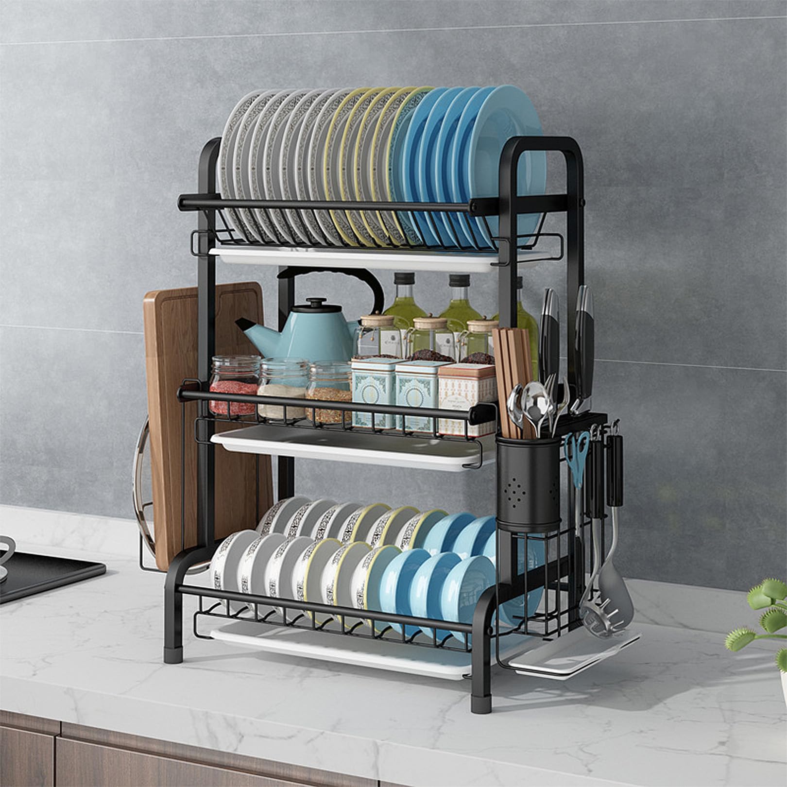 SBZIOJHDR dish drainer rack, 3 Tier 304 Stainless Steel Anti Rust Dish Drainer Rack with Drip Tray(Black)