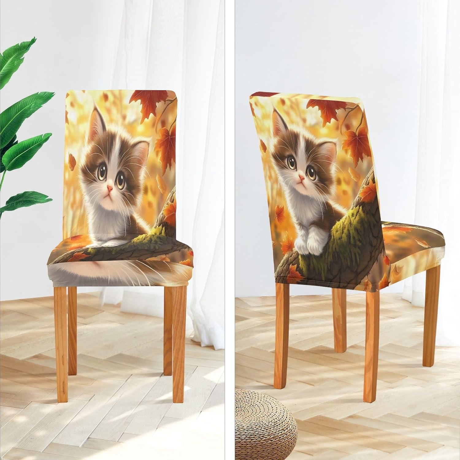 ALAZA Chair Covers for Dining Room, Little Cat Maple Leaf Stretch Chair Cover Sets Chair Protector Removable Washable for Ktichen Restaurant Hotel