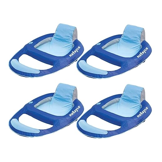 Kelsyus Floating Swimming Pool Lounger Chaise Inflatable Chair w/Cup Holder & Clips, Blue (4 Pack)