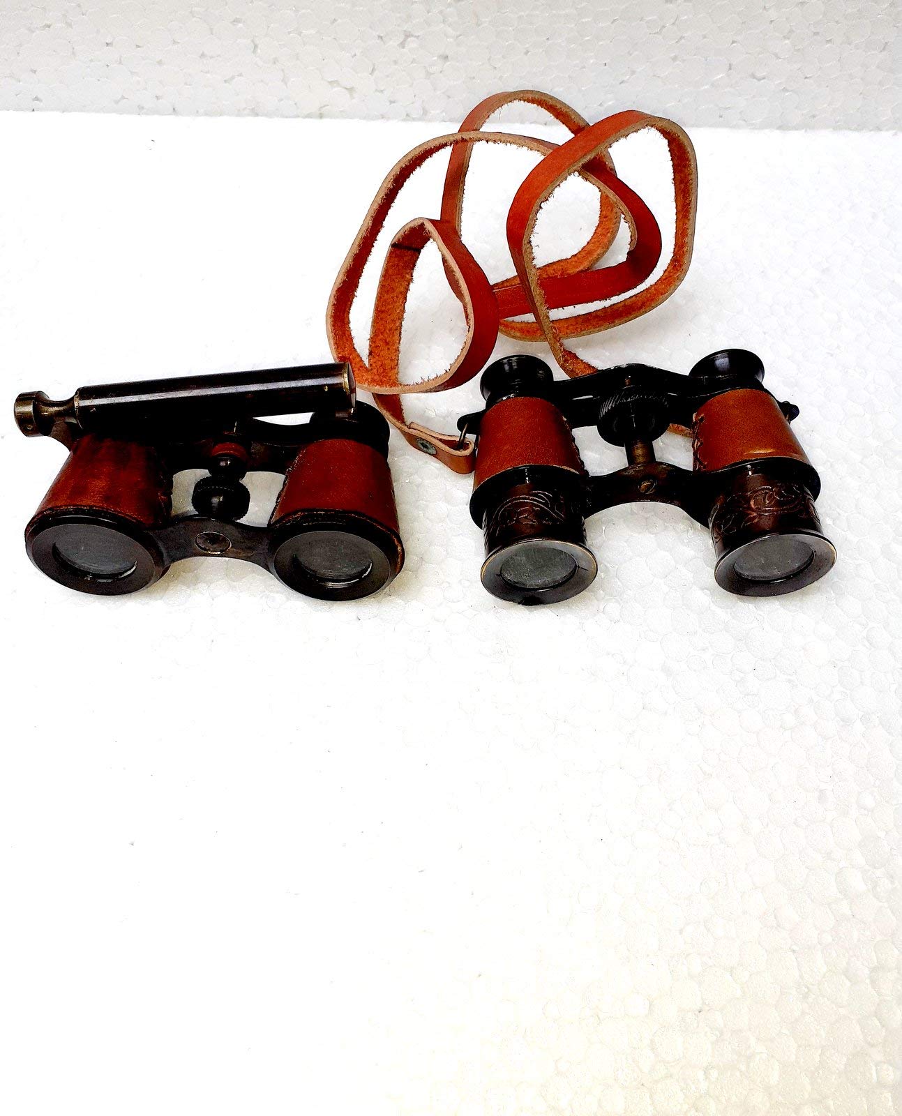 Jumelles primitives en laiton de style antique 10,2 cm avec étui cuir lot de 2