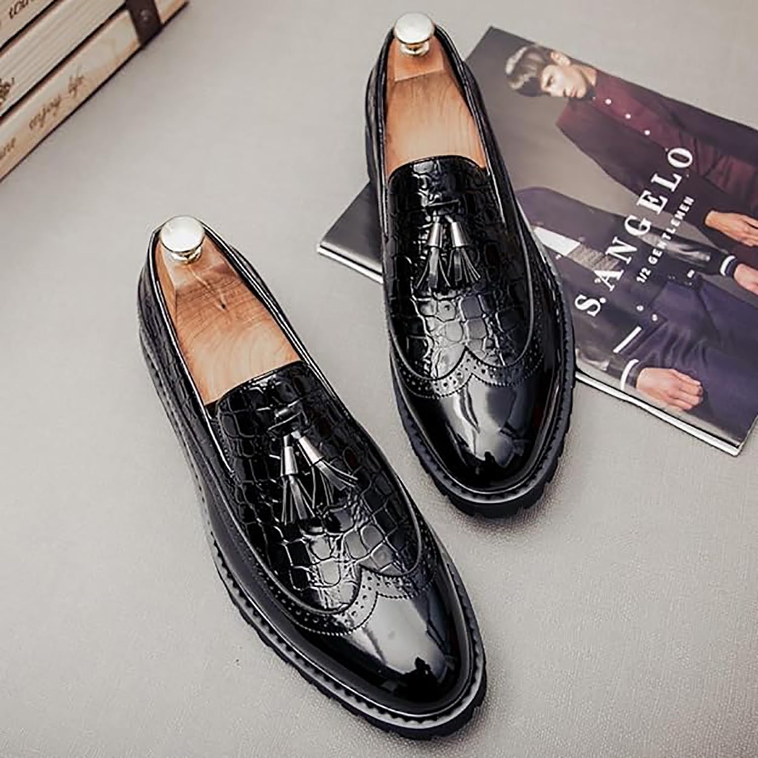 Mocasines con borlas para hombre, zapatos de vestir formales de negocios con lados elásticos para el trabajo, casual, negro, blanco, rojo