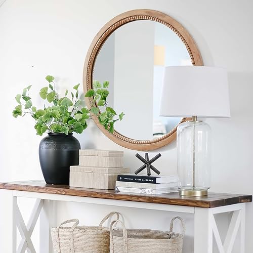 Miniatura 4 de sawsile Espejo redondo de madera, espejo circular rústico de granja de 24 pulgadas, cuentas naturales, espejos decorativos para chimenea, baño,