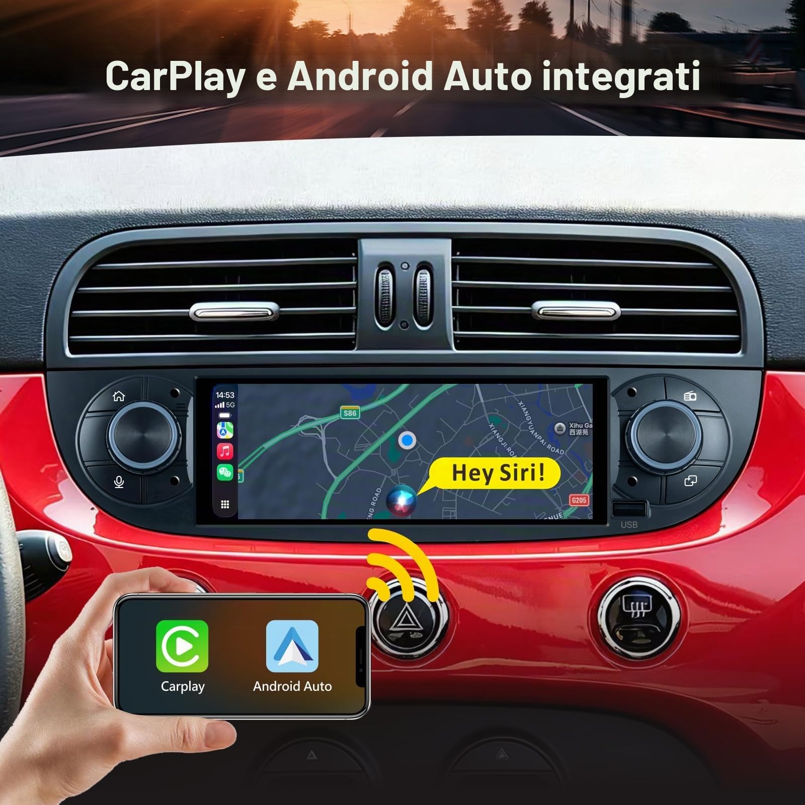 Autoradio Linux per Fiat 500 2007-2015 con CarPlay Wireless e Android Auto, avvio in 2 secondi, comandi fisici tramite manopola, audio di livello OEM, Porta ISO Plug & Play, Nero