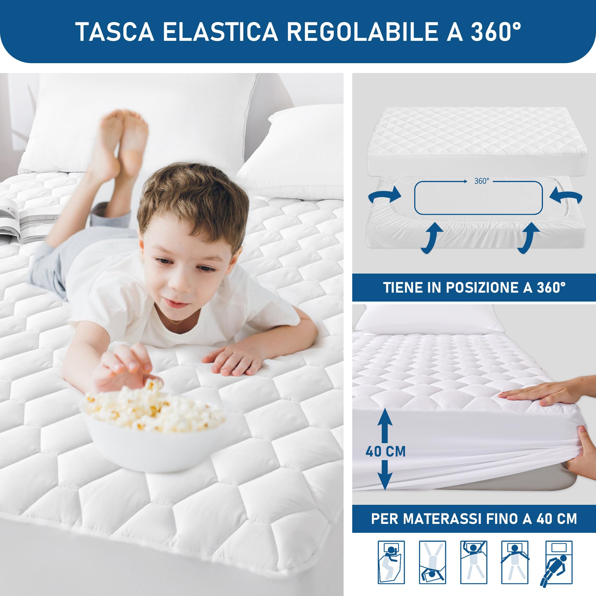 GRT Coprimaterasso singolo impermeabile – Coprimaterasso traspirante, lavabile e Oeko-Tex, con inserto per incontinenza, cucito con motivo a esagoni in materiale silenzioso (160 x 190 x 40 cm)