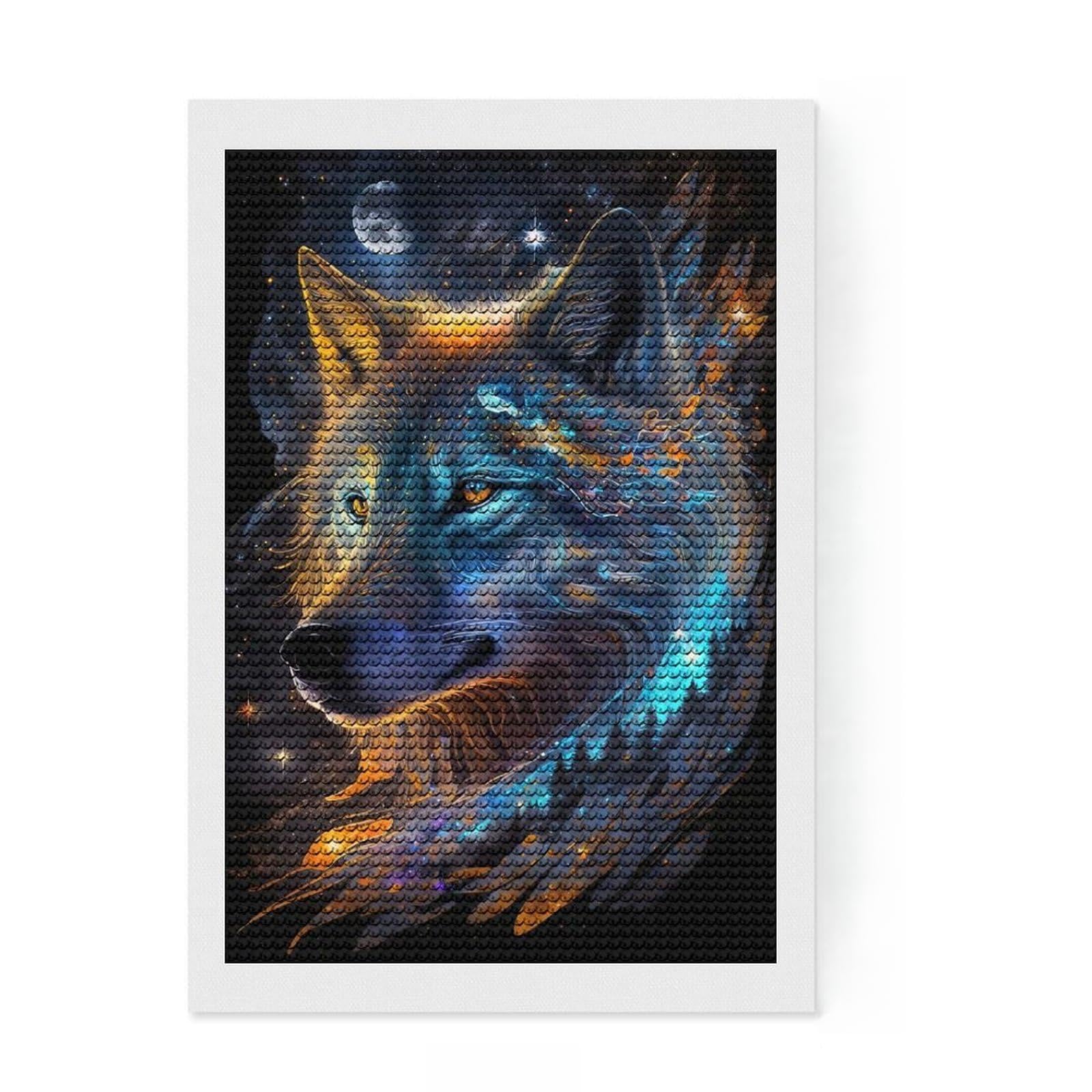 Junmoney Nebula Wolf V5 Diamond Painting Canvas Set 8"x12", for Craft Lovers, Nice Detail and Sparkle, Boho Decor, Birthday Gift