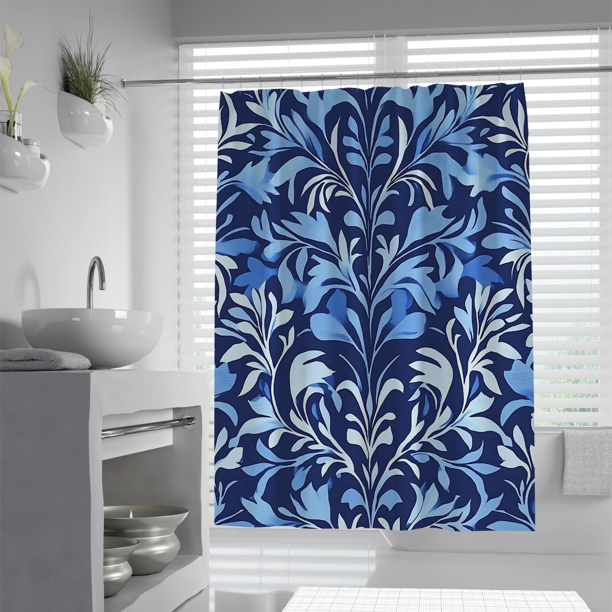 OLLIAR Home Blue Leaf Shower Curtains for Bathroom 180x220 Waterproof Fabric Leaves Bathroom Curtains Washable Symmetrical Plants Shower Curtain Set with Hooks