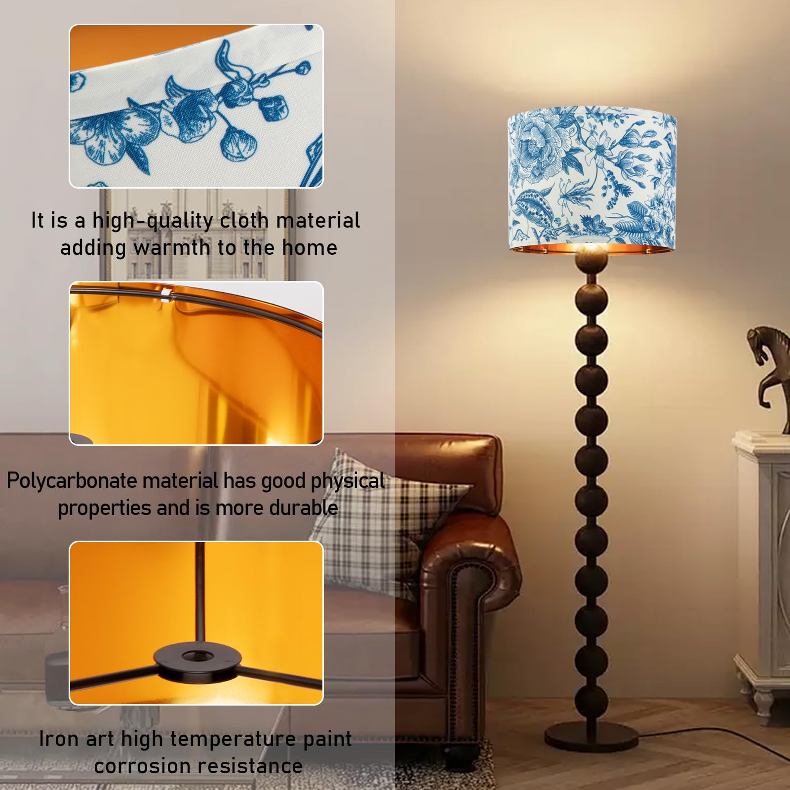 Juego de 2 pantallas de repuesto para lámpara de 30,5 cm con patrón floral azul y blanco para luces de mesa/suelo/pared, marco dorado mediano con soporte de arpa, fácil montaje