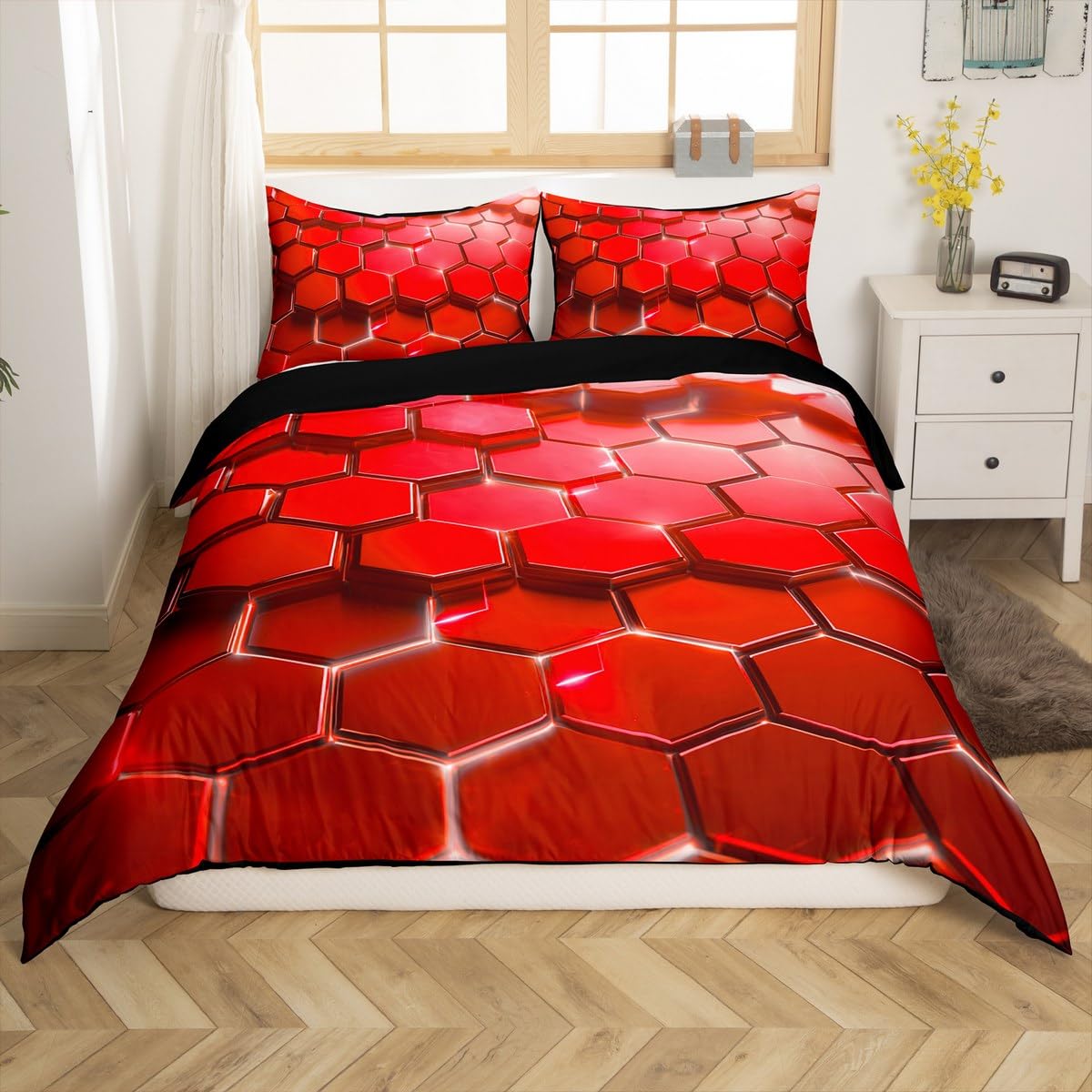 Loussiesd Honeycomb Bettwäsche Set 155x220cm Rot 3D Geometrisches Muster Betten Geometrische Wabe Bettbezug Realistic Drucken Bettwäsche-Set Sechseckige Moderne Kunst