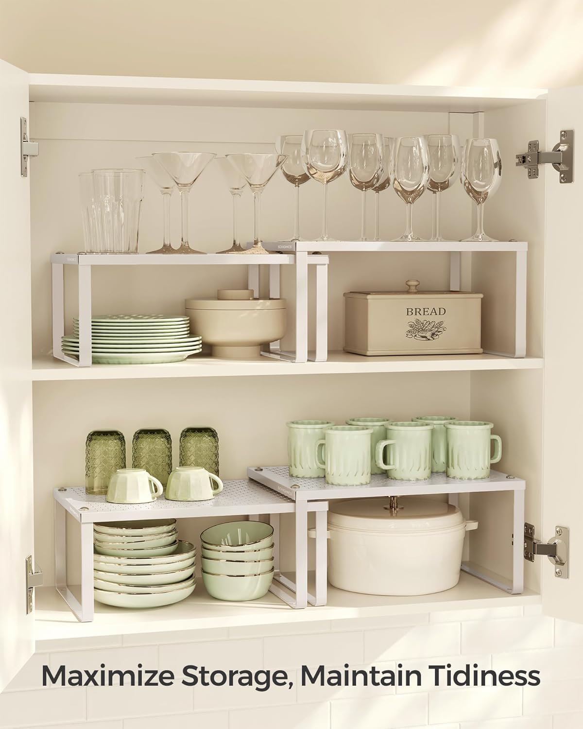 SONGMICS Spice Racks, Set of 4 Metal Cabinet Shelf Organizers, Countertop Organizers, Shelf Risers, Stackable, Expandable, Oatmeal Beige UKCS006K01 - Image 3