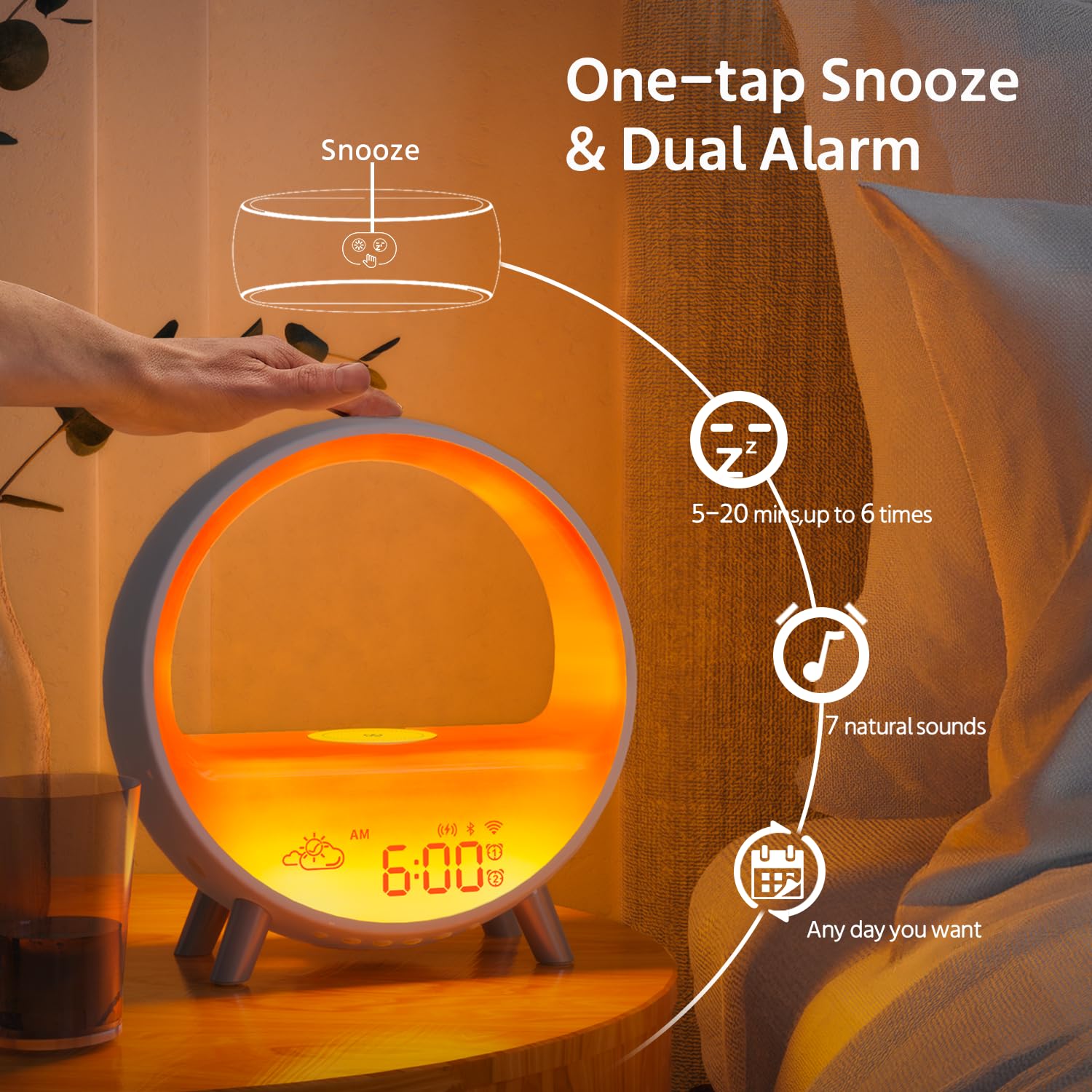MOMILLA Sunrise Wecker mit kabellosem Ladegerät, Lautsprecher, Bluetooth, kabellos
