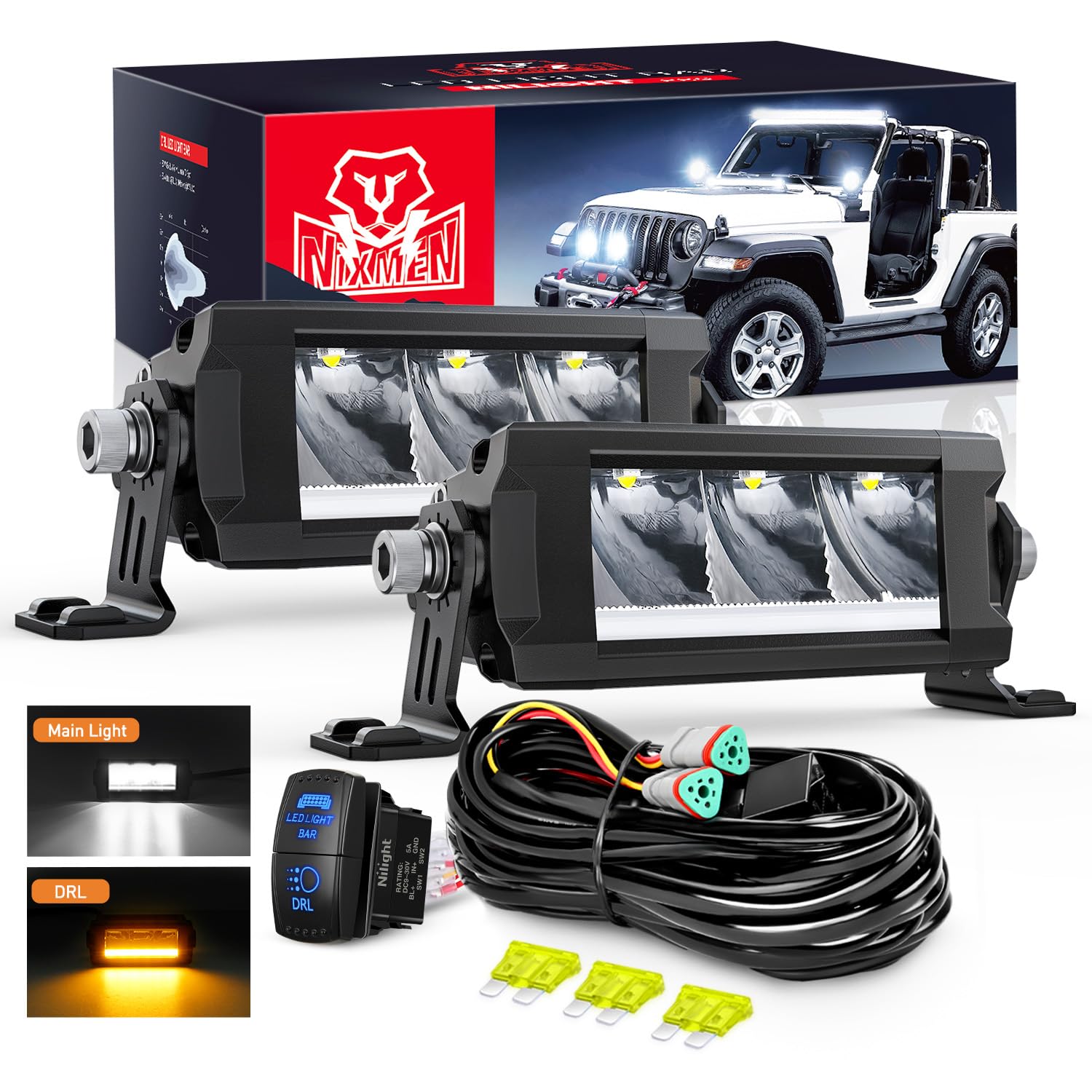 Nilight LED Light Bar with Amber DRL 2 PCS 15 W 5.3 Inch Single Row Light