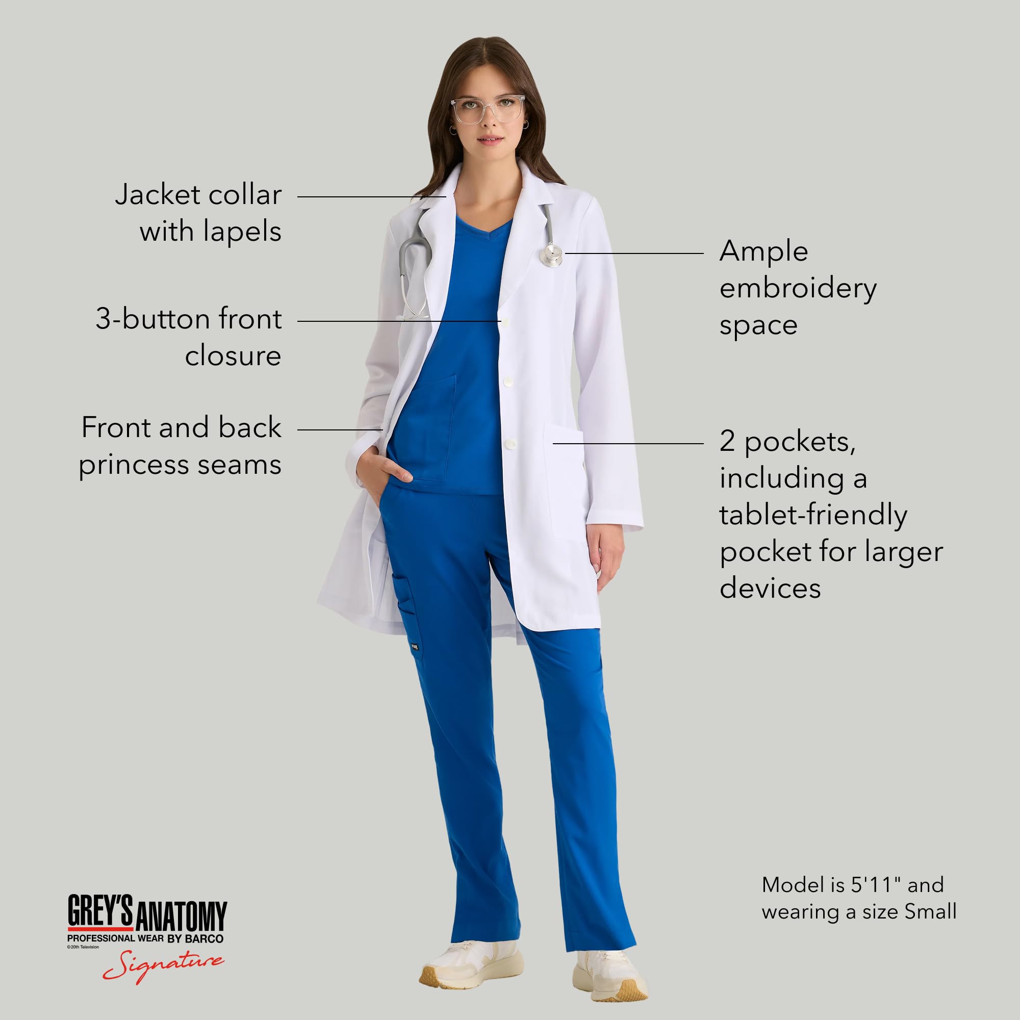 BARCO Grey's Anatomy Scrubs Signature - Morgan Lab płaszcz dla kobiet, profesjonalny płaszcz laboratoryjny z długim rękawem 89 cm