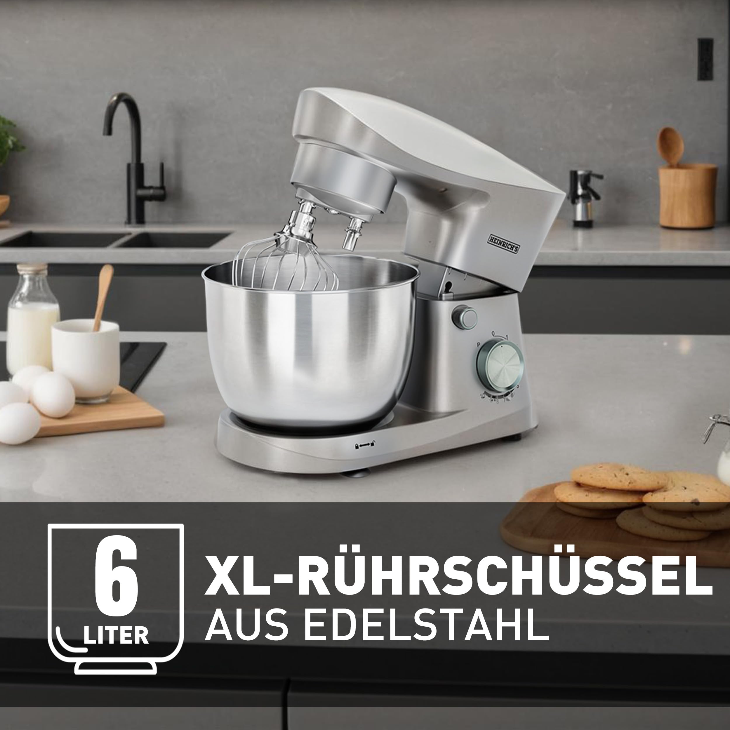 Heinrich´s Küchenmaschine, Knetmaschine, Teigmaschine, Rührmaschine, 1500W Küchengerät, Knethaken, Rührhaken, Schneebesen, 10 einstellbare Geschwindigkeiten, XL 6L Edelstahlschüssel,geräuscharm,silber