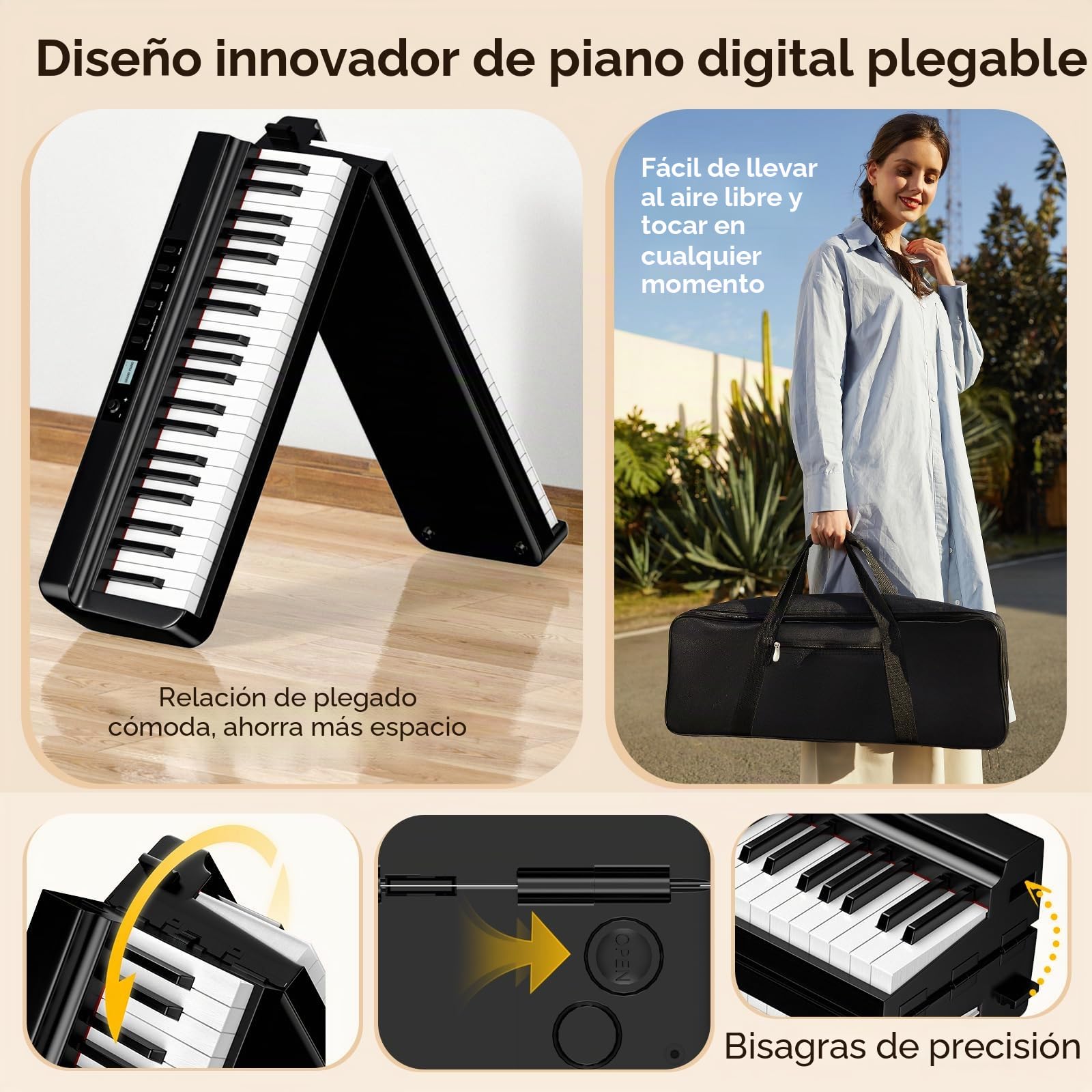 TERENCE Piano Plegable de 88 teclas con batería de 2000mAh 2x25W Altavoces Pedal Piano Bluetooth interfaz MIDI soporte para partituras bolsa adhesiva cable de audio pedal piano