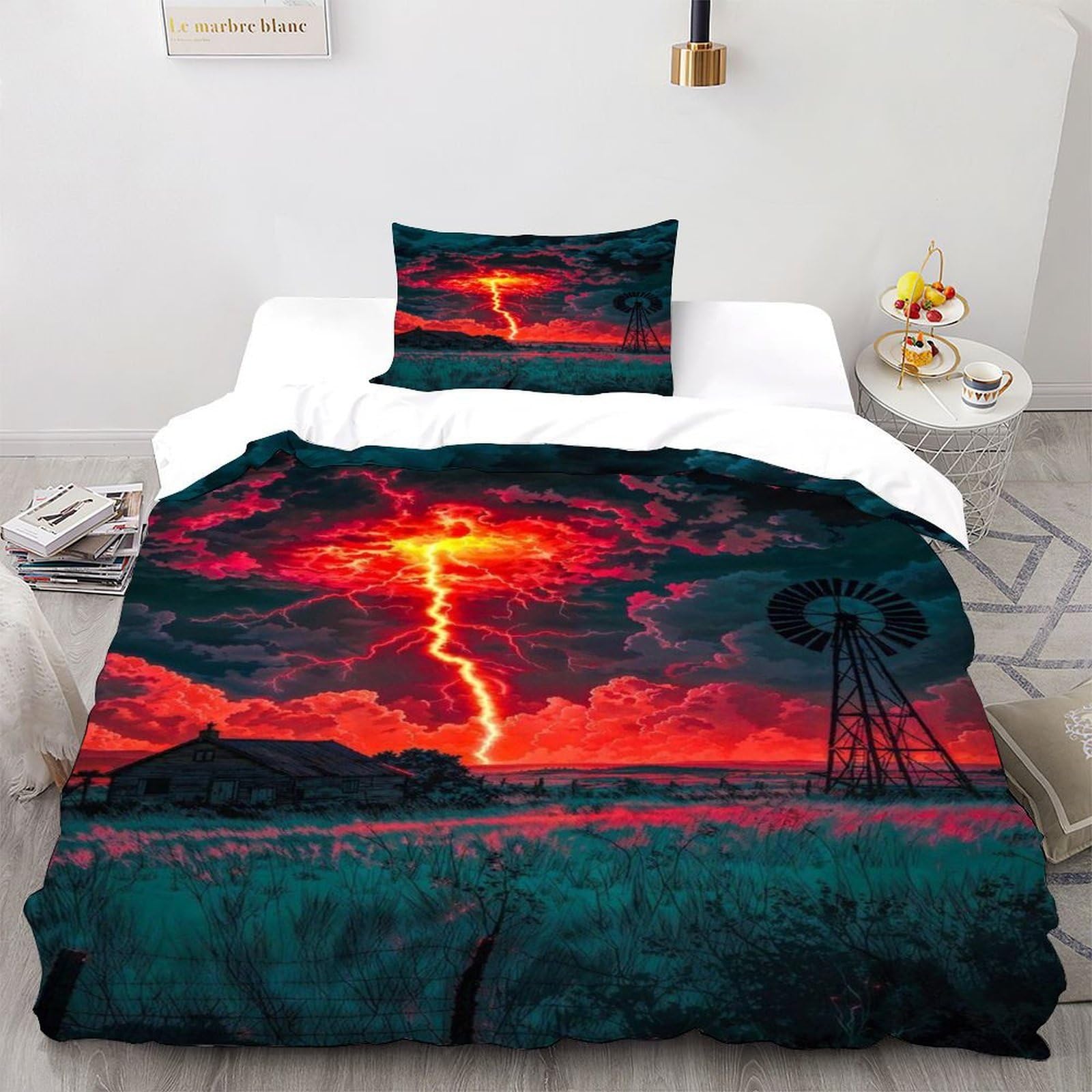 SHOVERKD Lightning Windmill Bedding Set Theme Bedspread Space Theme Duvet Cover Set Microfiber Quilt Cover Universal for All Seasons with Pillowcase Single（135x200cm）