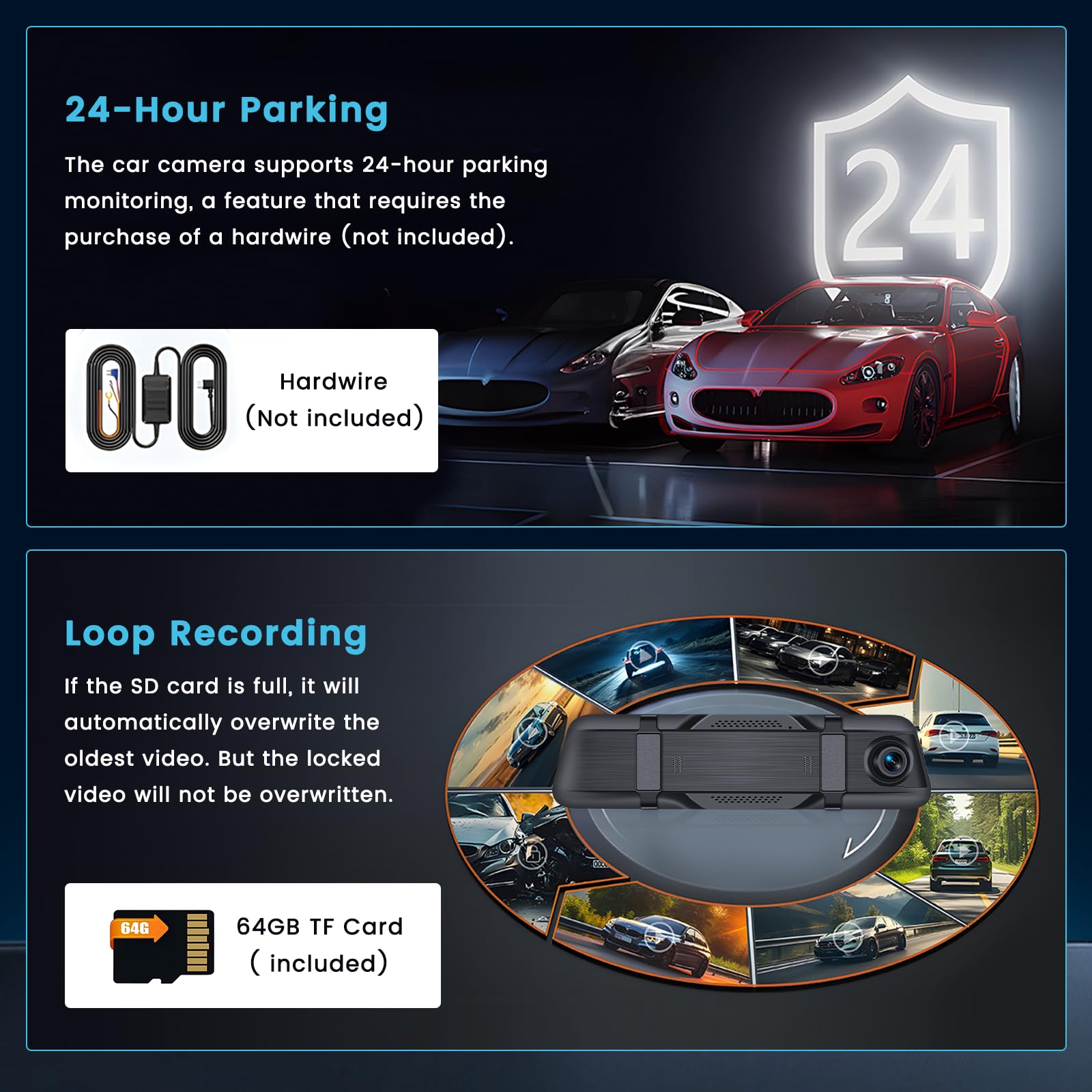 Inefala 4K WiFi Dashcam Espejo Retrovisor con GPS App, 9.66'' Espejo Retrovisor con Camara Frontal y Trasero, Cámara Retrovisor para Coche con Sensor G, Tarjeta SD de 64 GB, ADAS, Grabación en Bucle