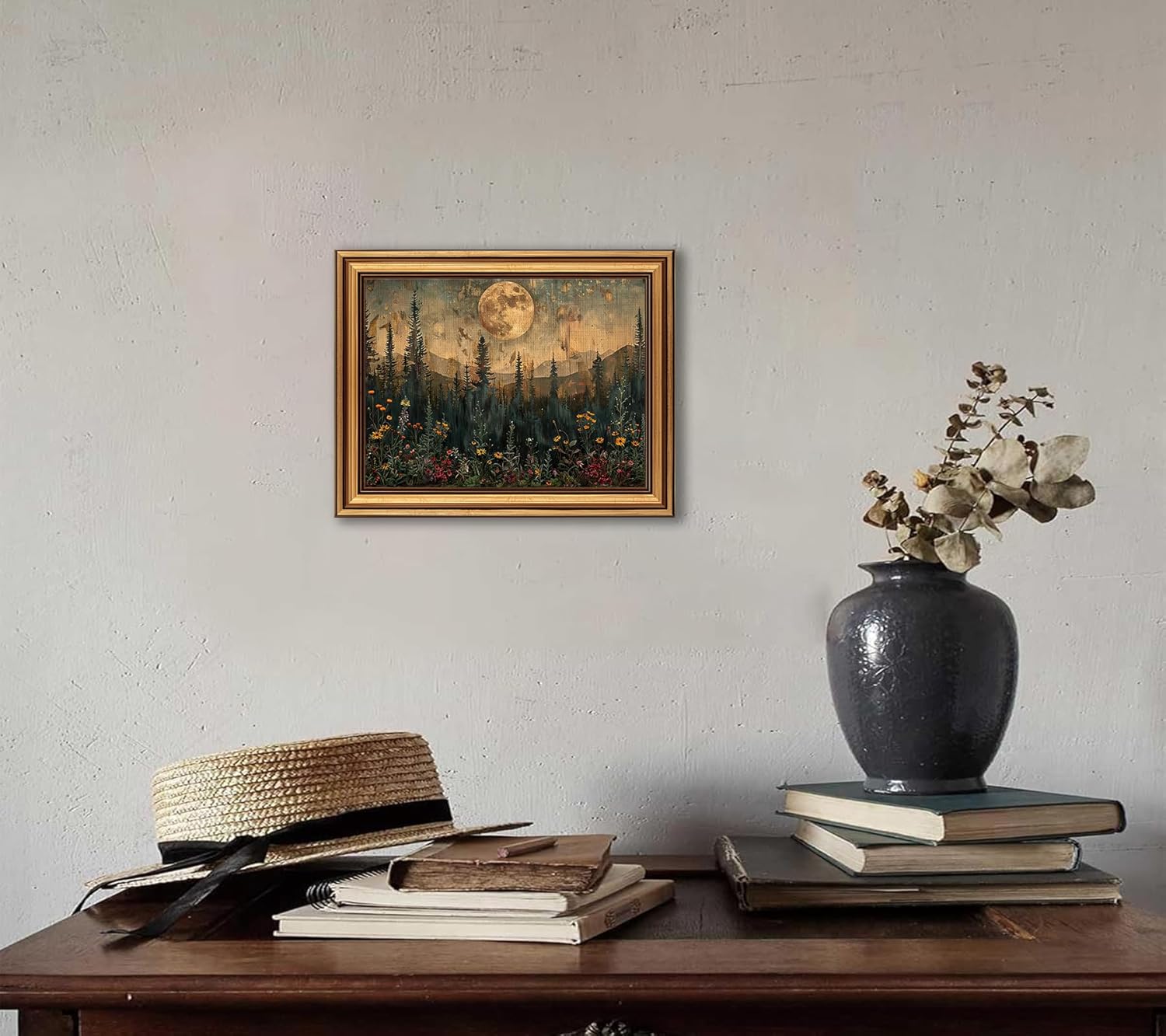Devunaty Gold Framed Vintage Forest Full Moon Wall Art, Moonlit Pine Tree Wall Decor Paintings,Wildflowers and Mountains Rustic Woodland Nature Landscape Picture Canvas Print for Living Room 12"x16"