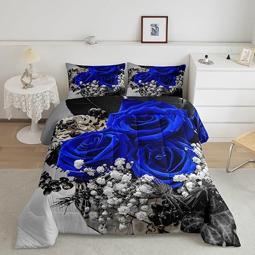 Erosebridal Juego de ropa de cama de 3 piezas con diseño de rosas azules, juego de edredón romántico para el día de San Valentín, edredón floral de