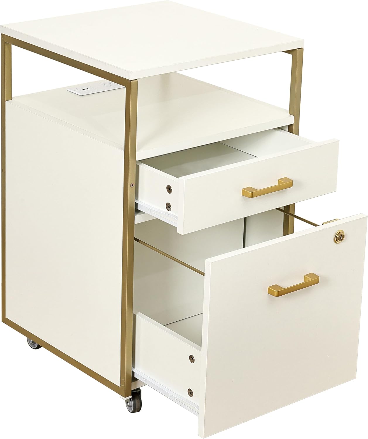 Modern 2-Drawer Rolling File Cabinet with Lock, 2 USB Ports and Power Outlet for Device Charging, Portable File Organizer or Printer Stand for Office or Home with Locking Wheels, White & Gold