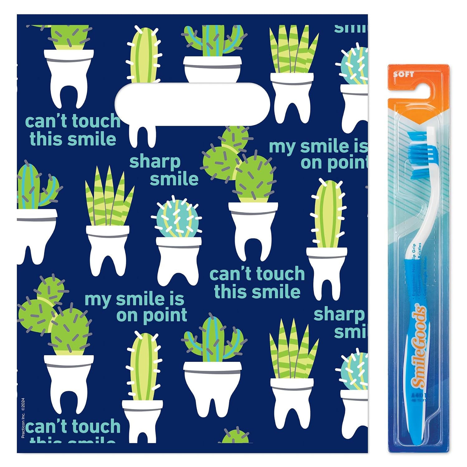 Practicon Cactus Teeth 8" x 10" Dental Giveaway Bag, Dental Hygiene Patient Care Goodie Bag, Dentist Office Plastic Gift Bags, 100 Pack