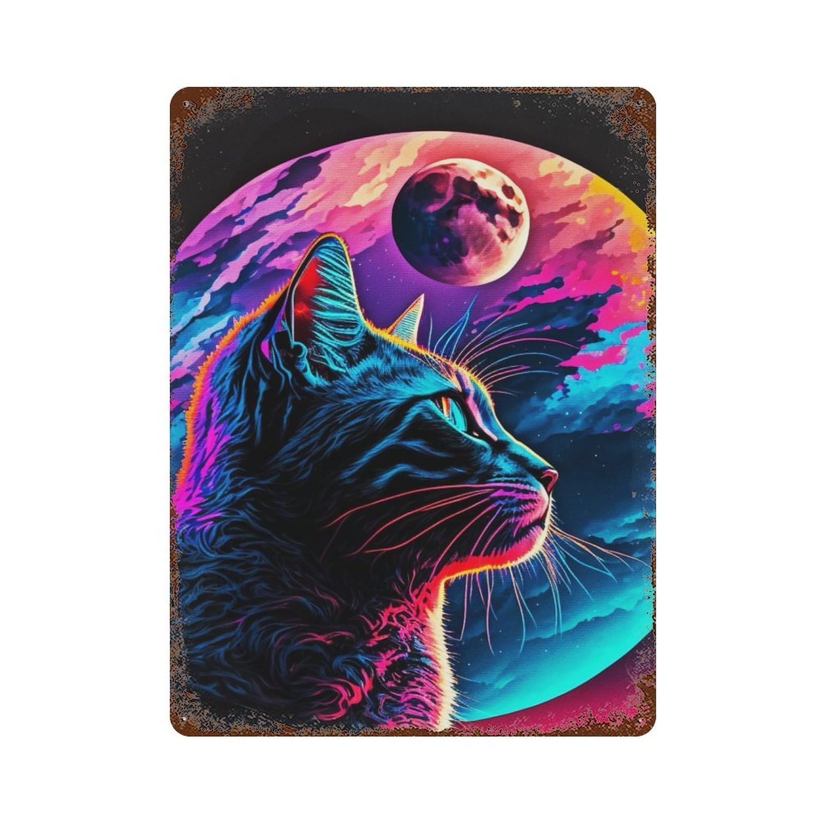 Cat Looking at The Moon Rusty Metal Tin Sign 15.7"x11.8", for Shed, Workshop And Garage Wall Decor, Novelty Wall Decor