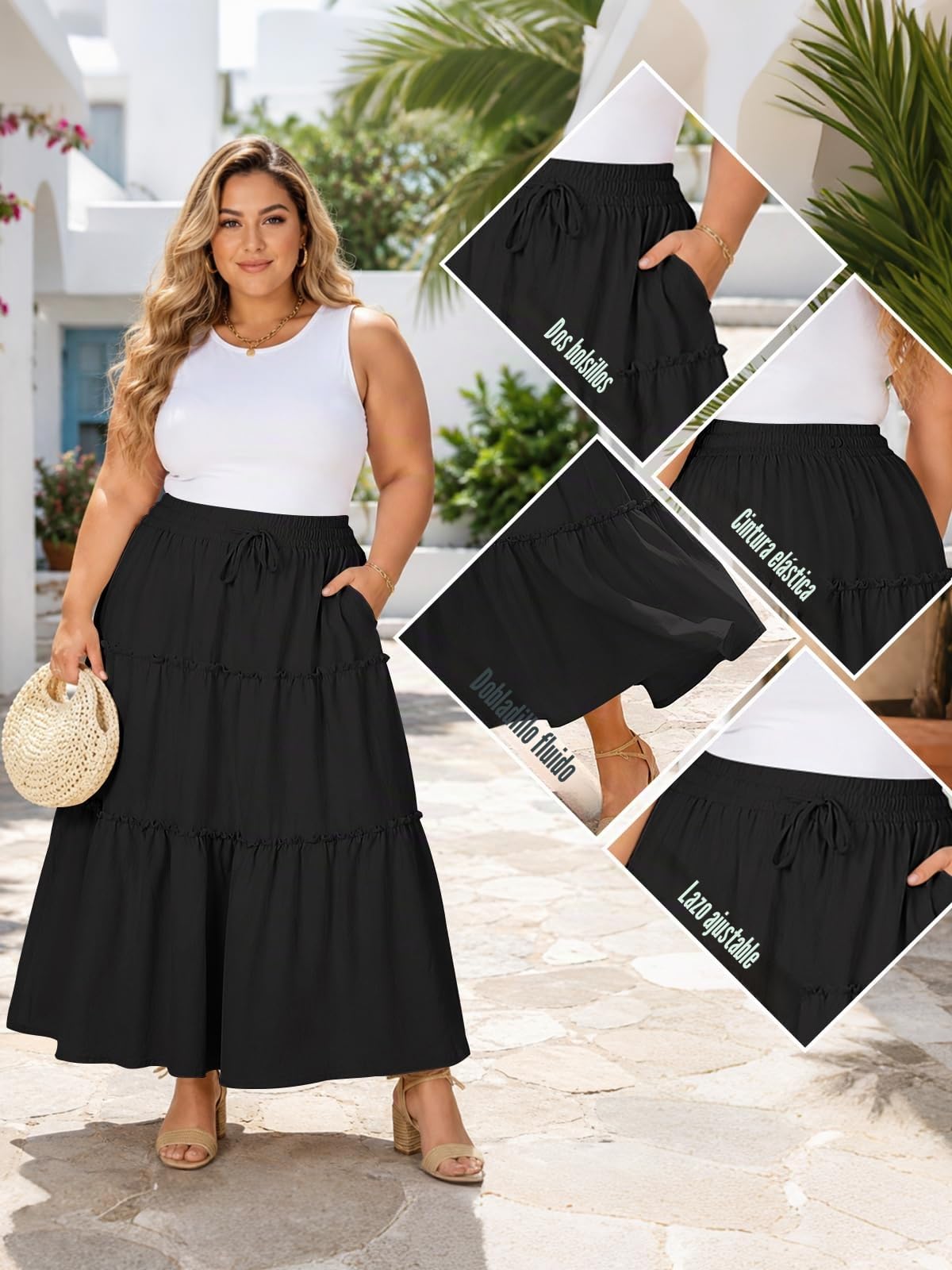 Moon Wood Falda Larga Mujer Talla Grande Verano Fluida Faldas Fiesta Boho Elástica Cintura Alta Faldas con Volantes Casual Línea A Maxi Skirts con Bolsillos