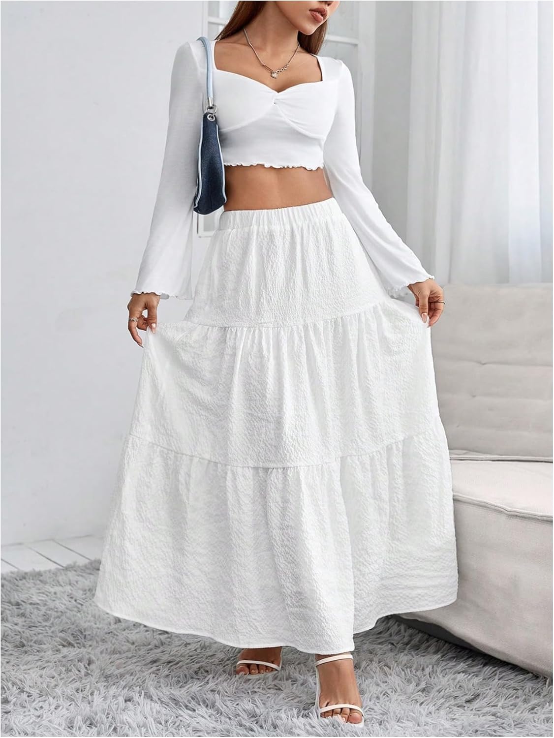 Milumia Women's Flowy Flared Ruffle Maxi Skirt Textured Elastic Waist Swing Tiered A-Line Pleated Long Skirts - Image 5