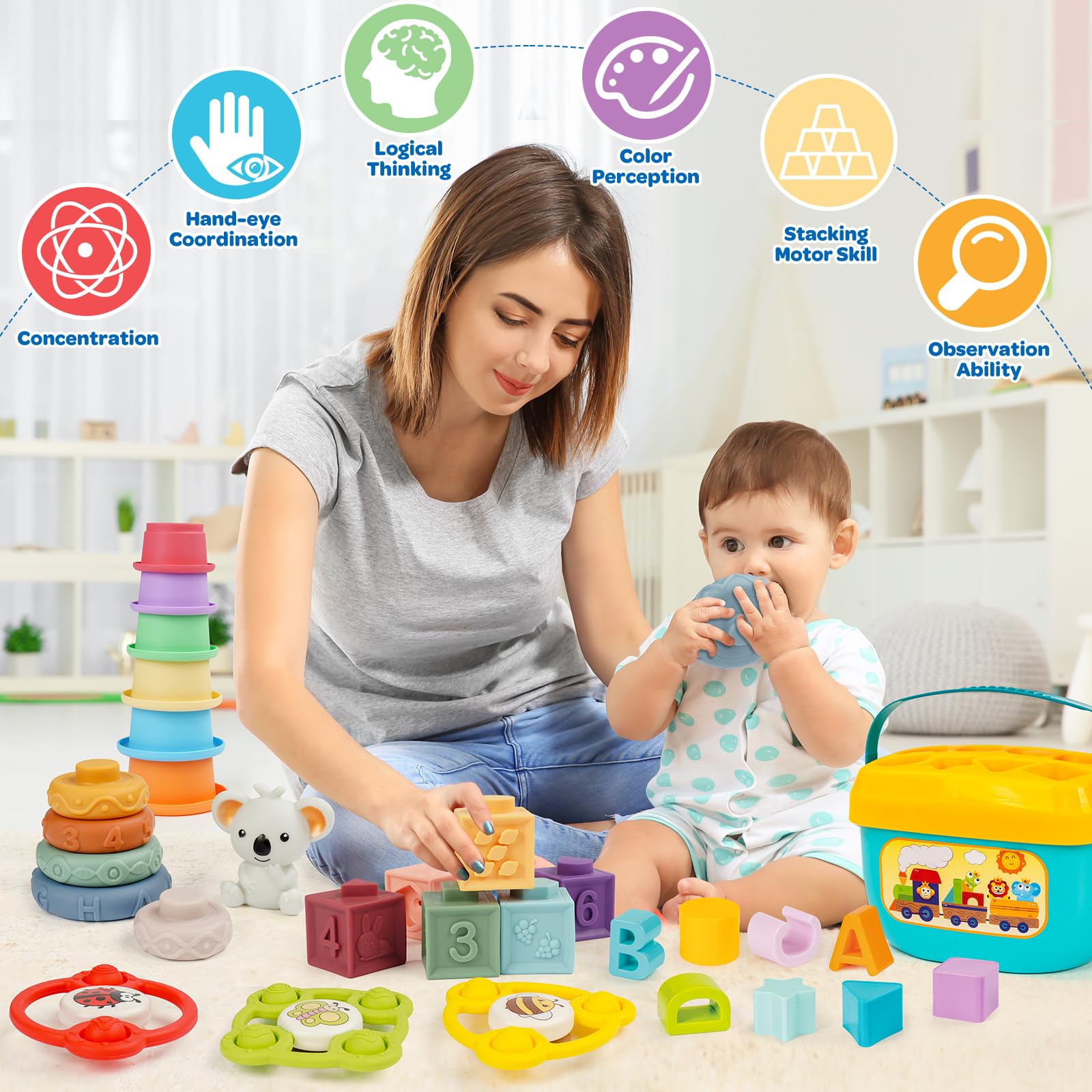 Montessori Spielzeug für Babys Alter 6-12-18 Monate mit sensorischer Formsortierer Passende Spielbox Stapelbecher Weicher Ring Bausteine Spinner Entwicklungslernspielzeug für Kleinkinder 1+ Jahr