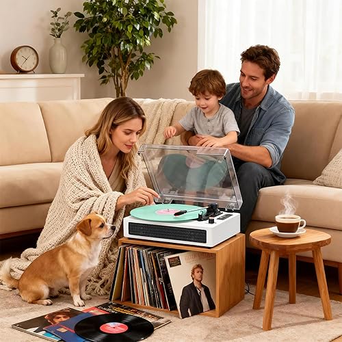 Miniatura 7 de Tocadiscos de vinilo Bluetooth, reproductor de vinilo retro de 3 velocidades con altavoces integrados, entrada AUX, parada automática, grabación