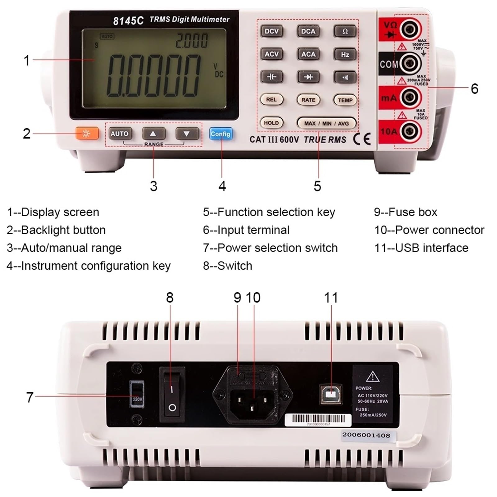 Medidor LCR Multímetro digital 8145C de sobremesa, 22 000 cuentas, RMS verdadero, 1000 V, 10 A, comprobador voltios, amperios, ohmios, capacitancia y Hz