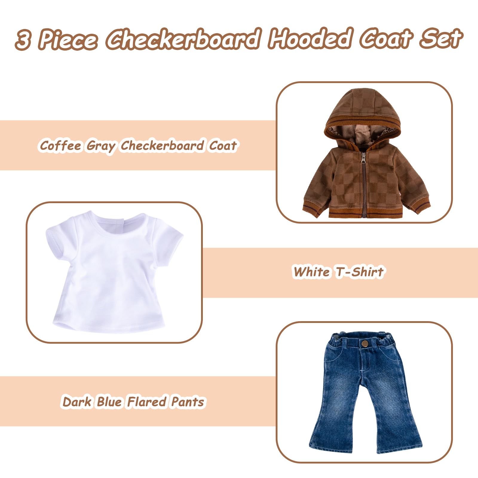 Rakki Dolli 3-teiliges Set Puppenkleidungs-Set, brauner Mantel & blaue Jeans & weißes T-Shirt für Babypuppen (ohne Puppe und Schuhe)