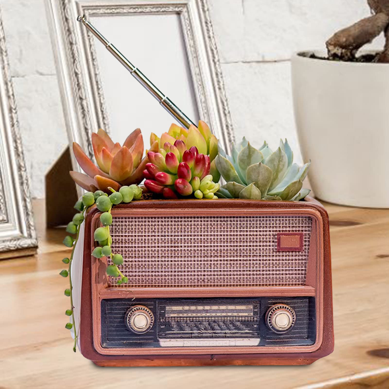 Tioheam Fioriera succulenta Vintage,Vaso da Fiori retrò a Forma di Radio | Contenitore Decorativo per vasi per fioriere di Cactus e Piante grasse, Ottimo Design per Desktop, Ufficio, caffè