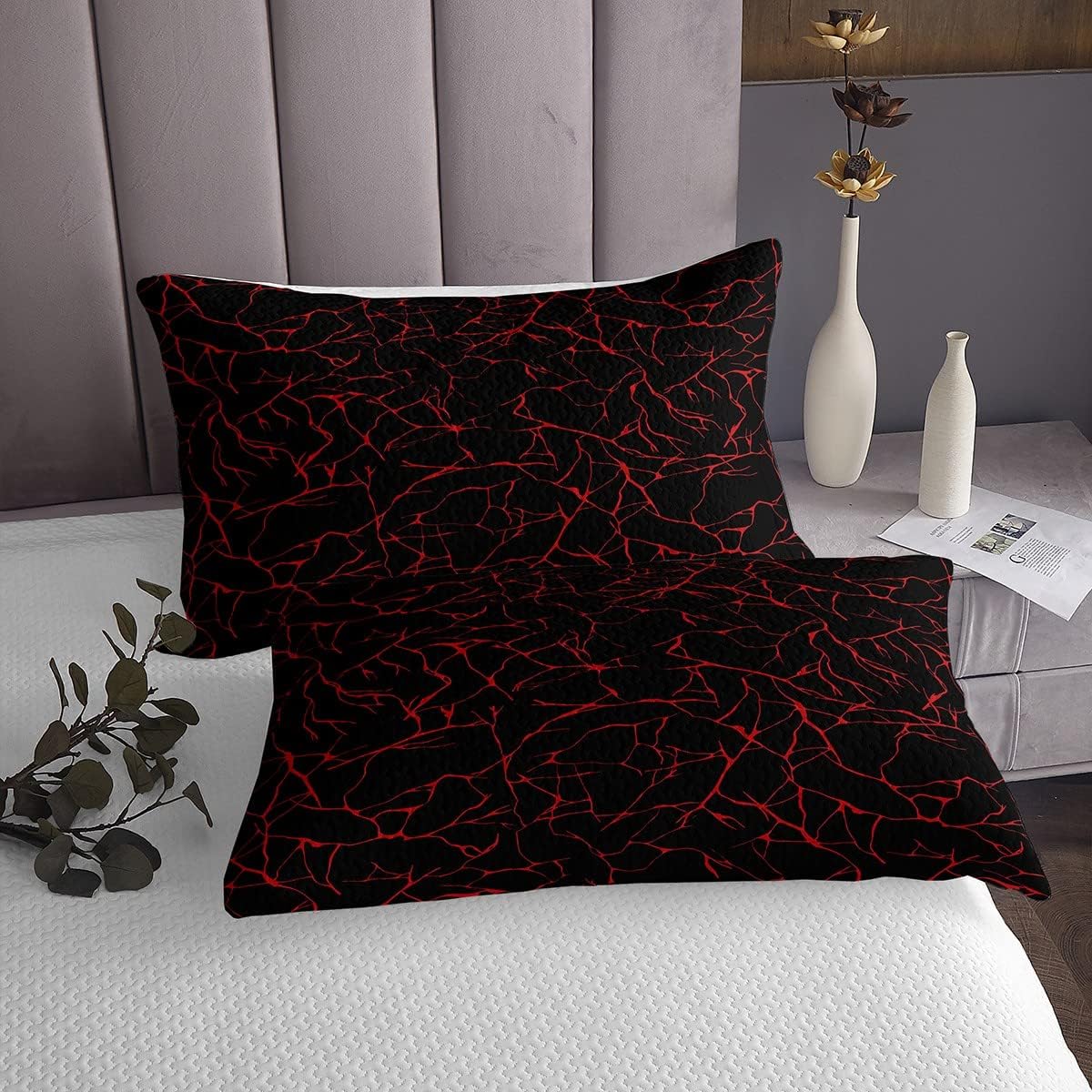 Erosebridal Red Metallic Marble Coverlet Set King Size Black Glitter Bedspread,Abstract Marble Texture Design Quilted Marble Home Decor