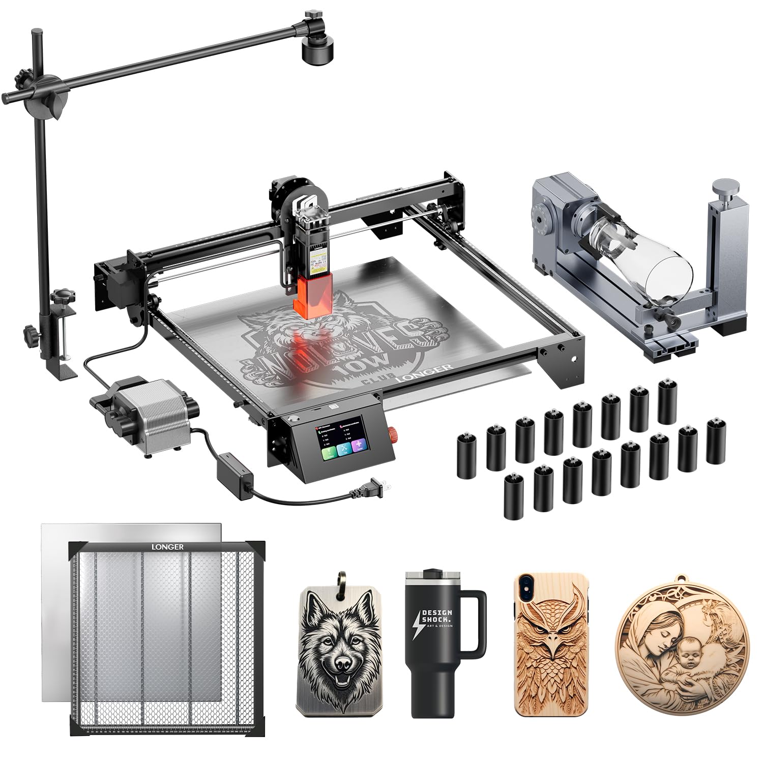 Longer RAY5 10W Laser Engraver with Air Assist Kit, 4-in-1 Rotary Roller, 16 Pcs Raiser, Camera Kits and Honeycomb Panel 440 * 440mm, App Offline Control, DIY Engraving Tool for Metal/Glass/Wood Recycled Claim Standard Blended