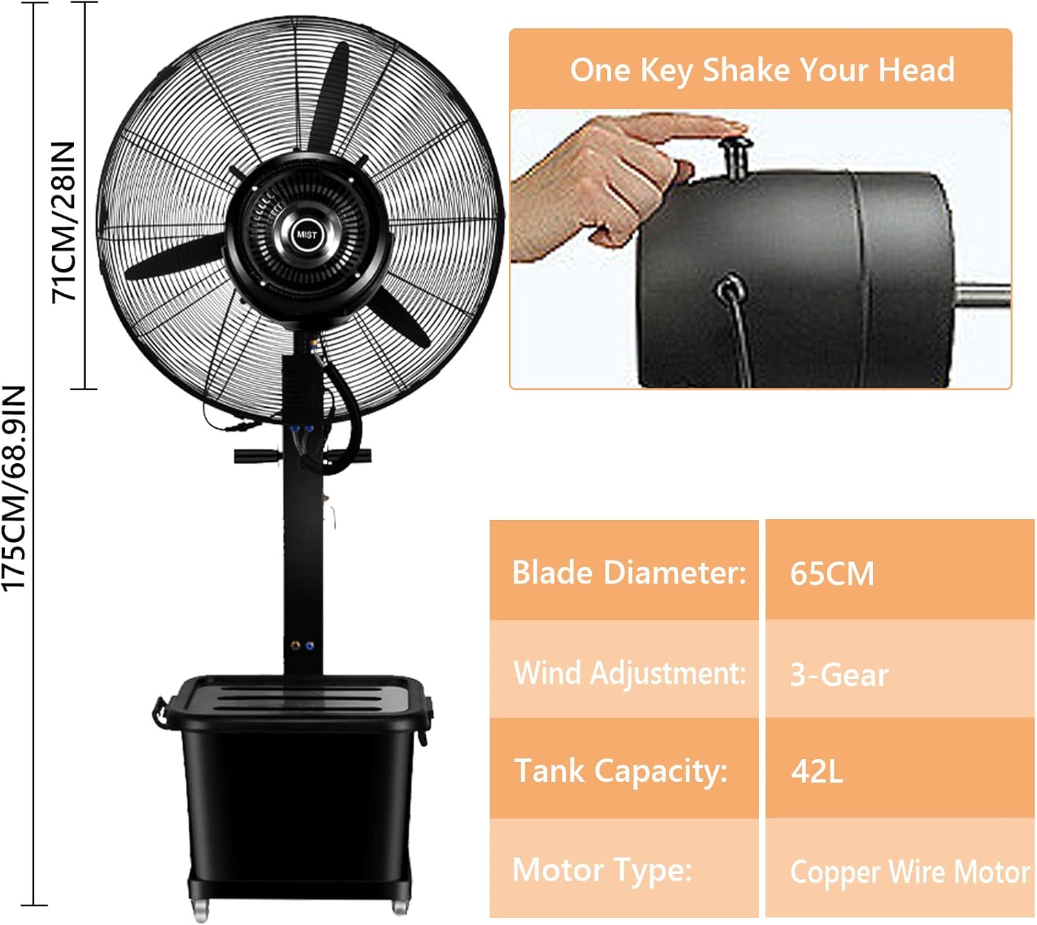 Oscillating Misting Fan, 3 Cooling Speeds Pedestal Fan with Mist, 11 Gallon Tank, Electric Fans for Backyards, Patios and More, Black