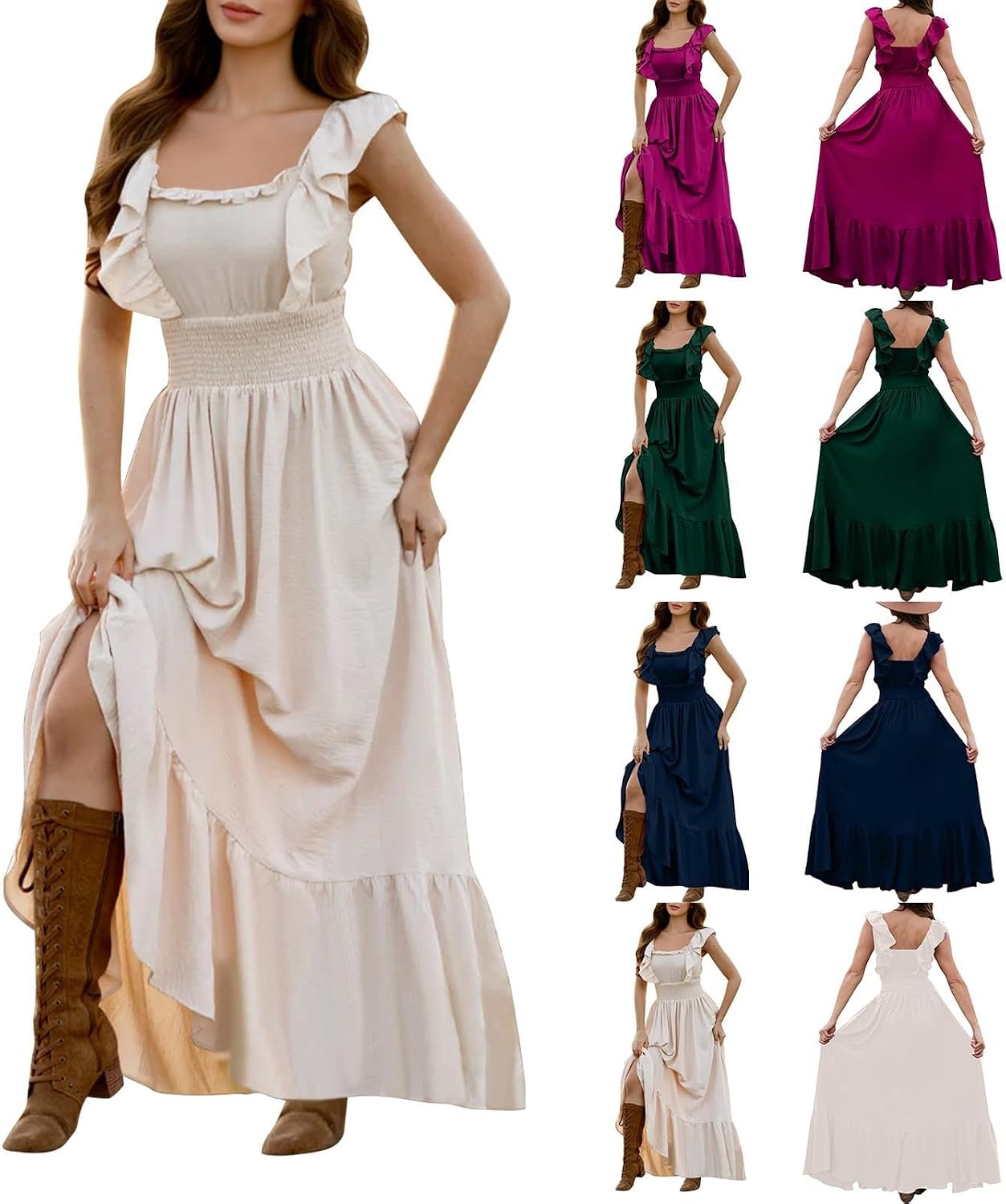 HGps8w Ruffle Linen Maxi Dresses for Women Trendy Casual Square Neck Sleeveless Swing High Waisted Beach Cocktail Dresses