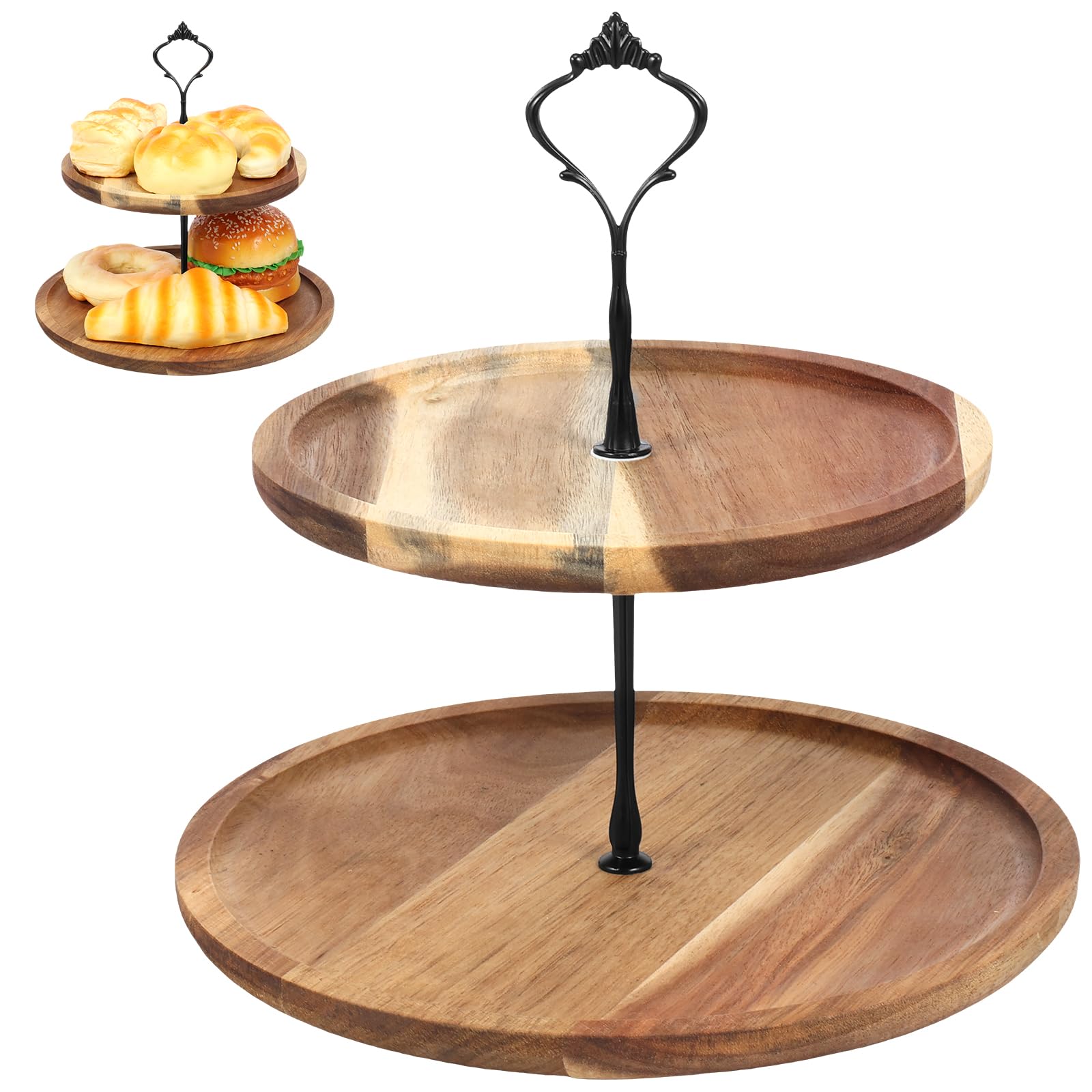 Cupcake Stand with Serving Tray and Metal Rod Rustic Wooden Tiered Cupcake Stand Decorative Tiered Tray Stand Display Dessert Holder for Home, Catering, Fruit and Sweets Display (2 Big Tier)
