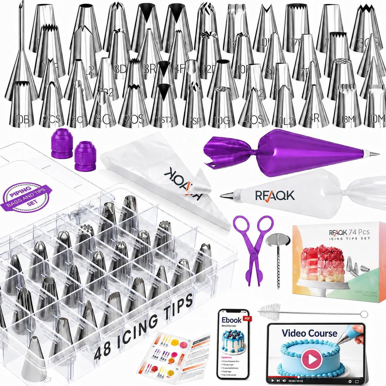 RFAQK Lot de 74 poches à douille et embouts pour débutants pour décorer un